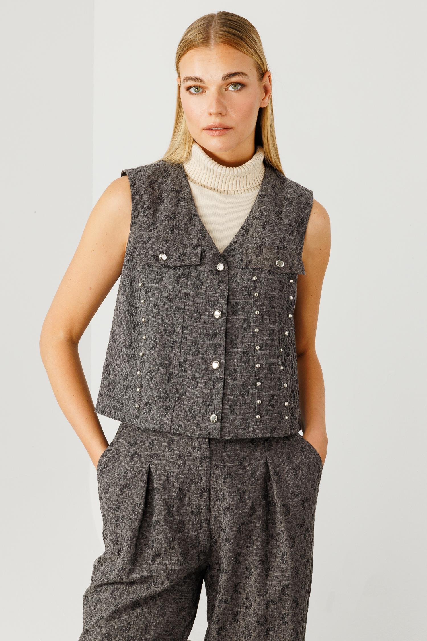 Modailgi  Metal Aksesuarlı Jakar Kumaşlı Yelek Gri