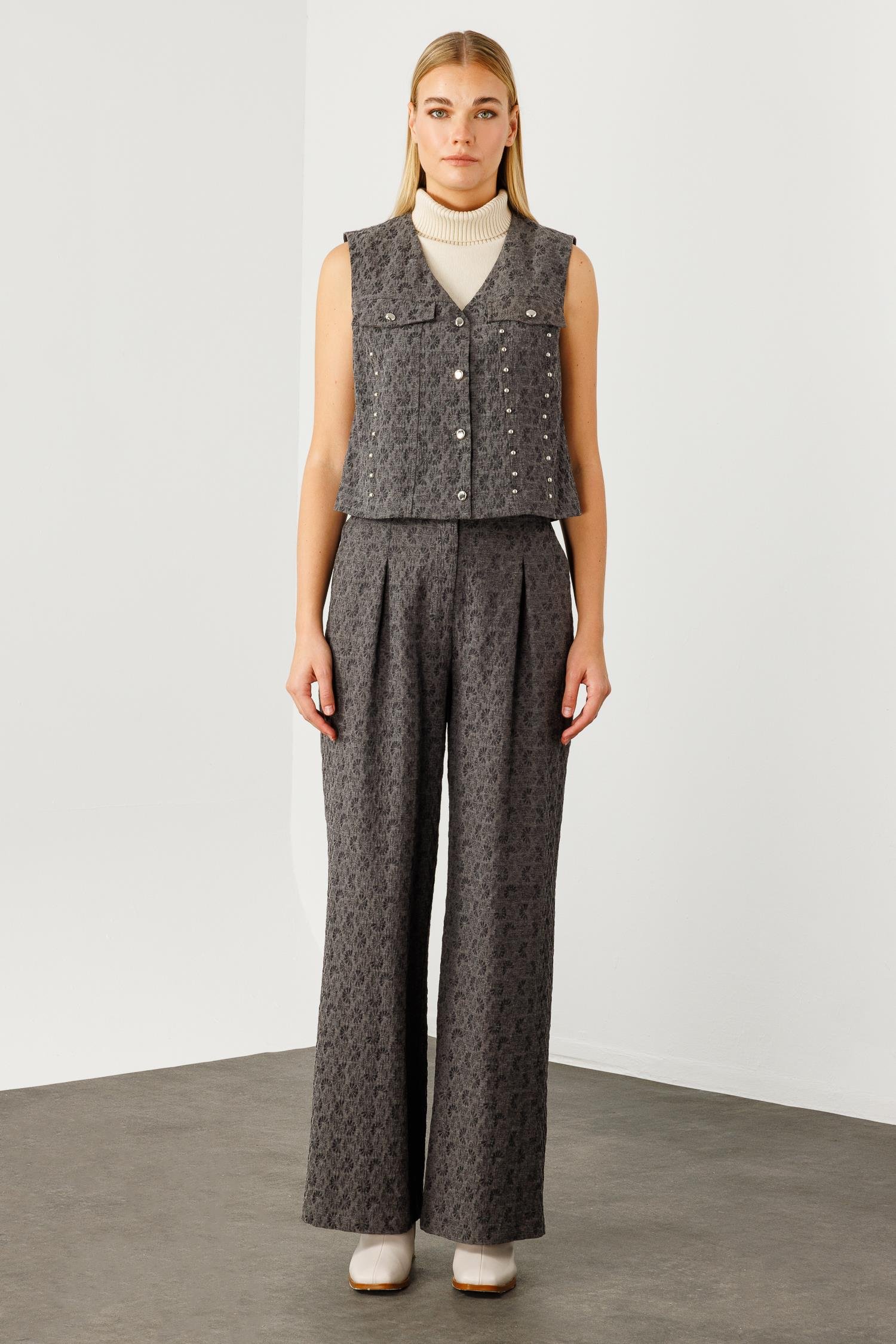 Modailgi  Metal Aksesuarlı Jakar Kumaşlı Yelek Gri