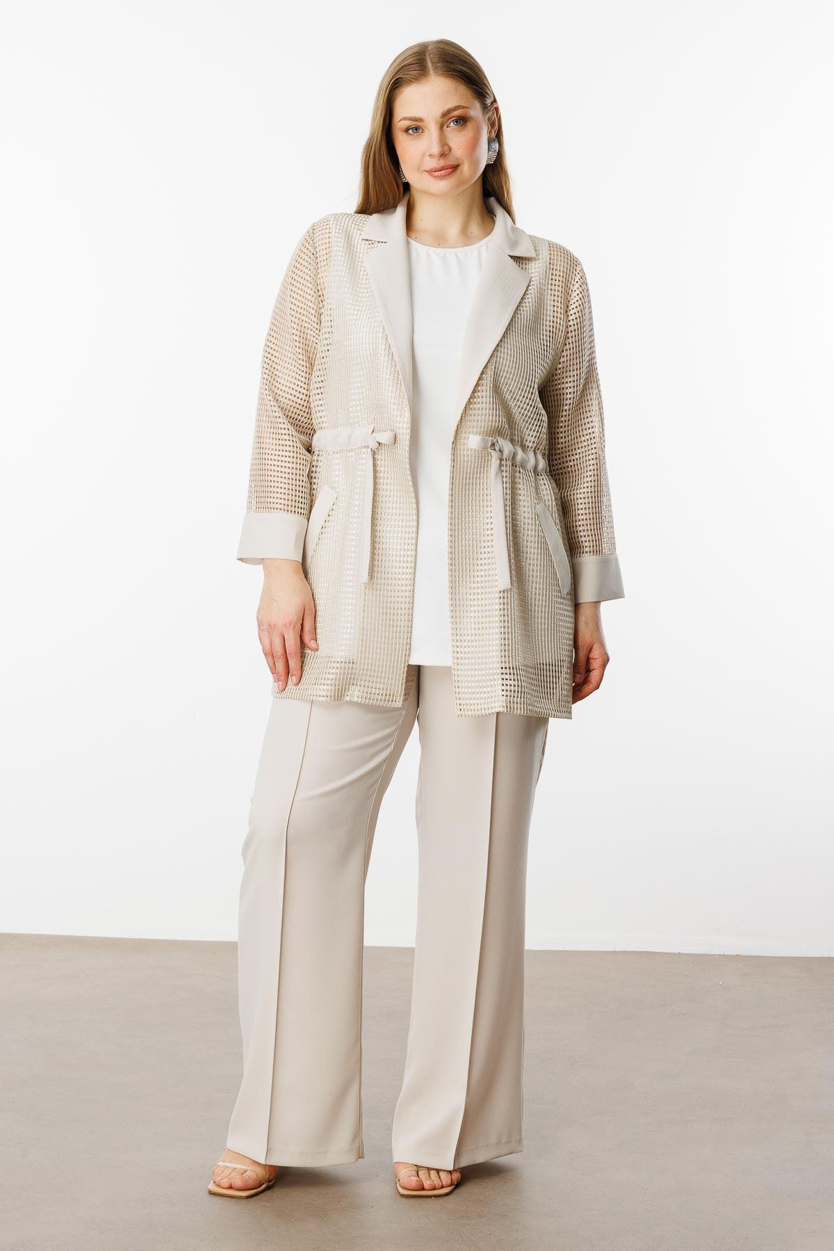 Modailgi  Mono Yaka Beli Büzgülü File Kumaş İkili Takım Taş