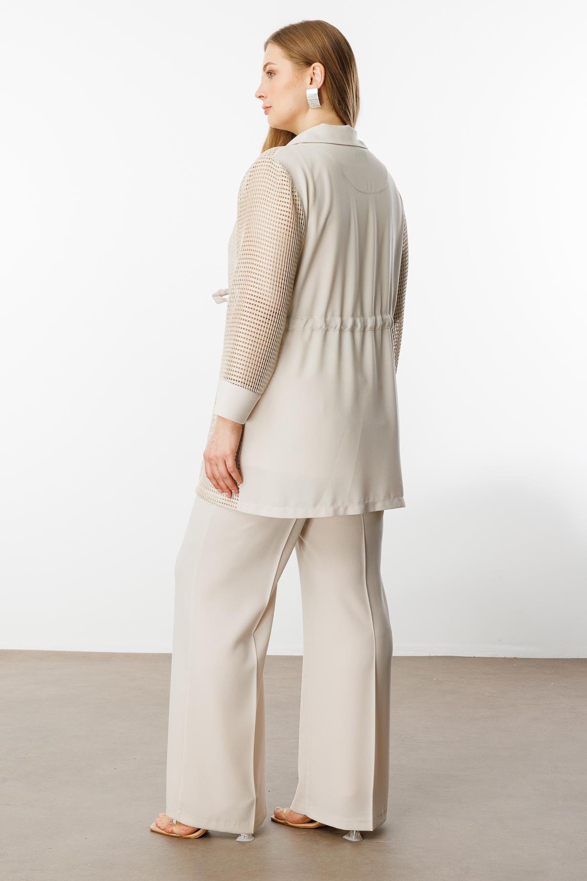 Modailgi  Mono Yaka Beli Büzgülü File Kumaş İkili Takım Taş