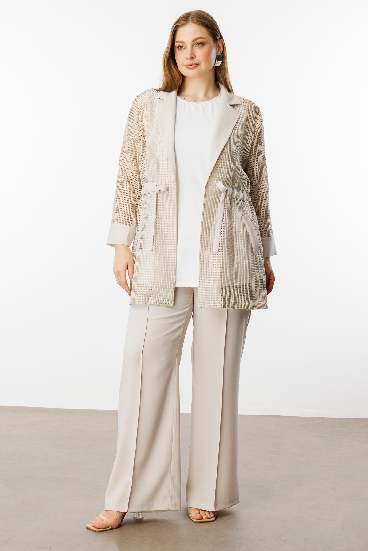 Modailgi  Mono Yaka Beli Büzgülü File Kumaş İkili Takım Taş