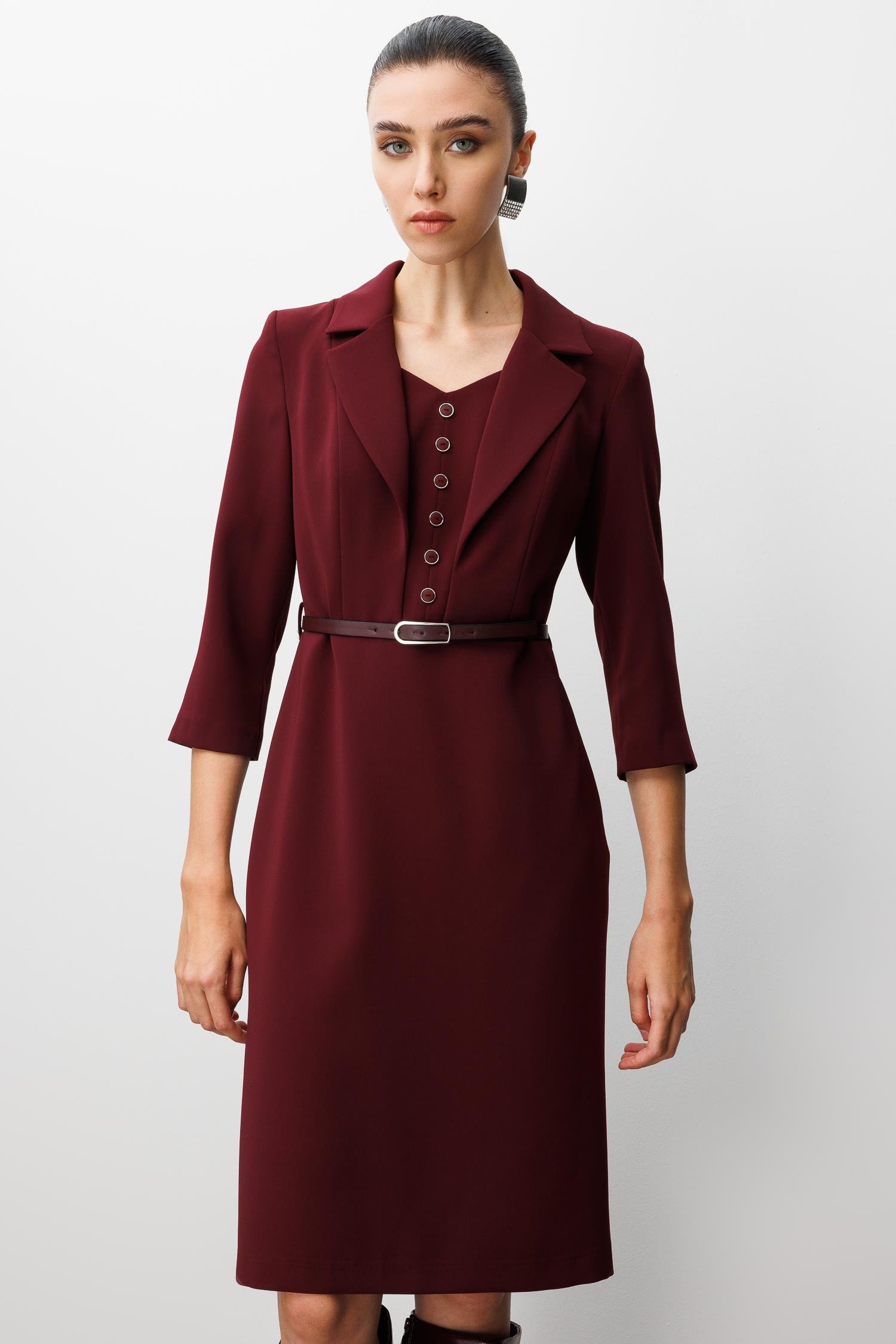 Modailgi  Mono Yaka Beli Kesik Ve Kemer Aksesuarlı Truvakar Kol Elbise Bordo