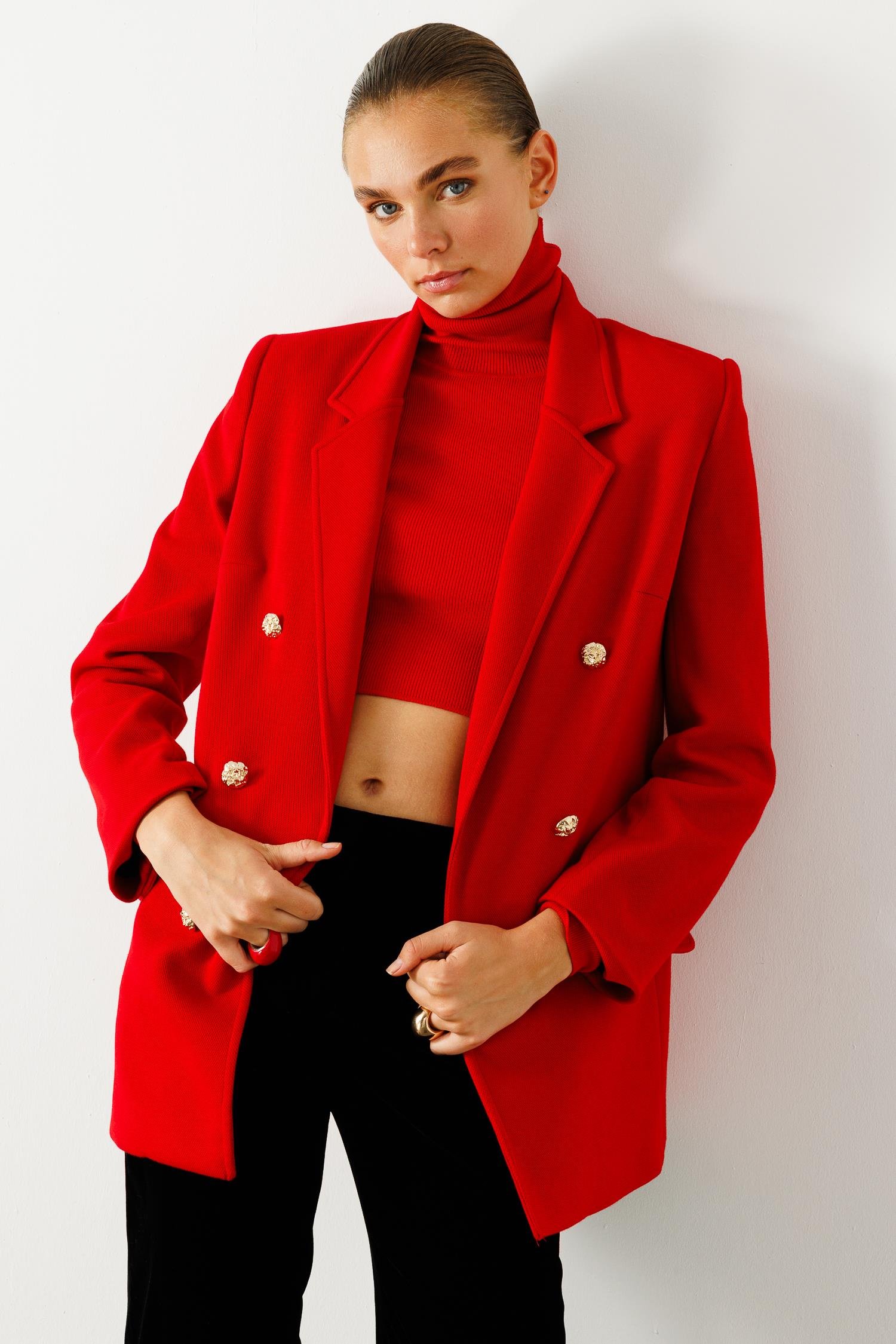 Modailgi  Mono Yaka Cep Kapaklı Uzun Ceket Kırmızı