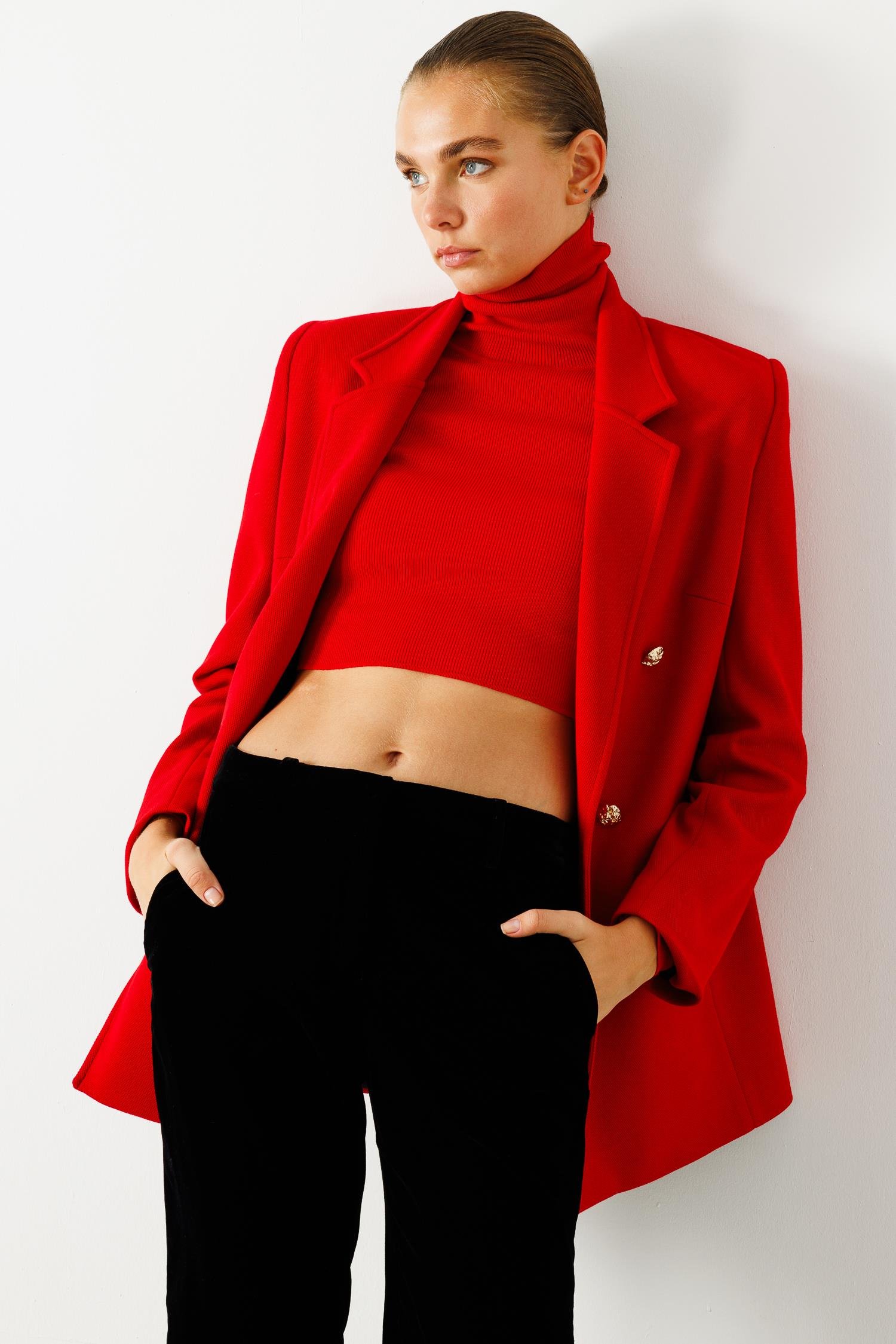 Modailgi  Mono Yaka Cep Kapaklı Uzun Ceket Kırmızı