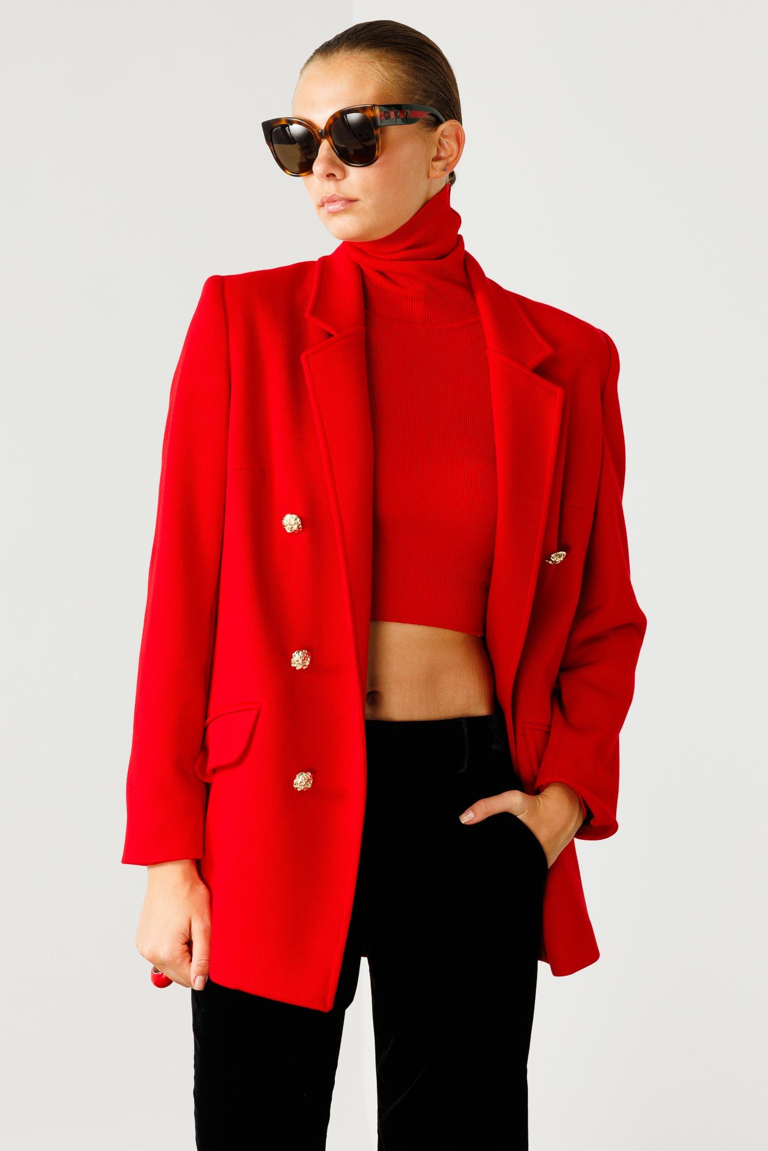 Modailgi  Mono Yaka Cep Kapaklı Uzun Ceket Kırmızı
