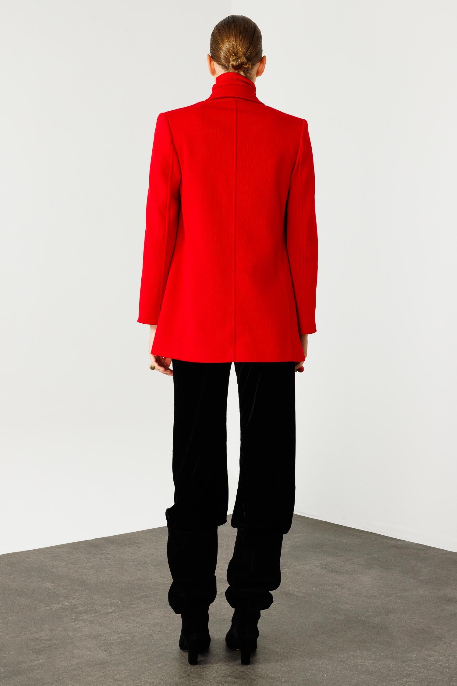 Modailgi  Mono Yaka Cep Kapaklı Uzun Ceket Kırmızı