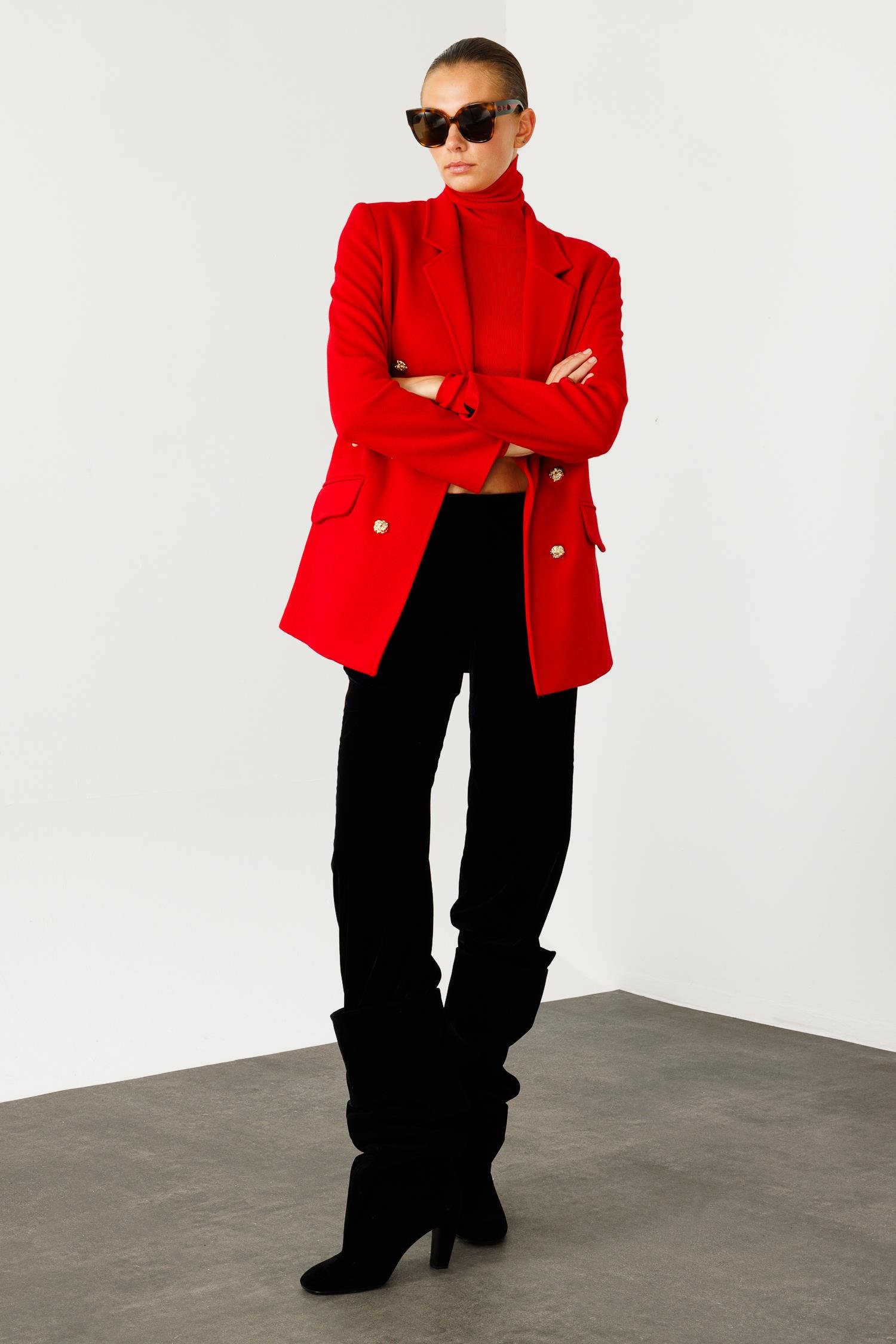 Modailgi  Mono Yaka Cep Kapaklı Uzun Ceket Kırmızı