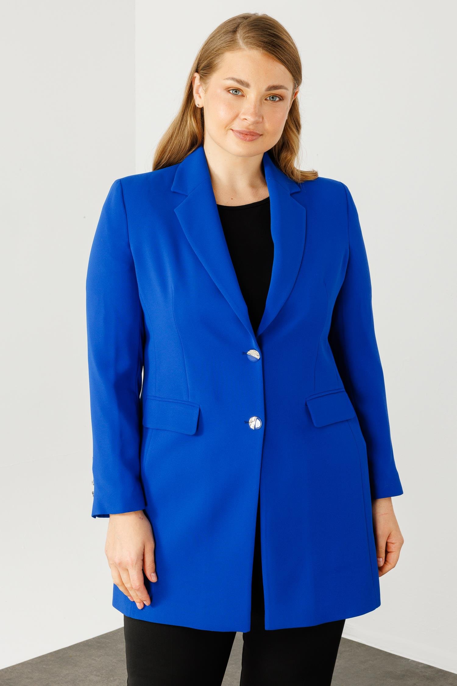 Modailgi  Mono Yaka Çift Düğme Uzun Ceket Saks