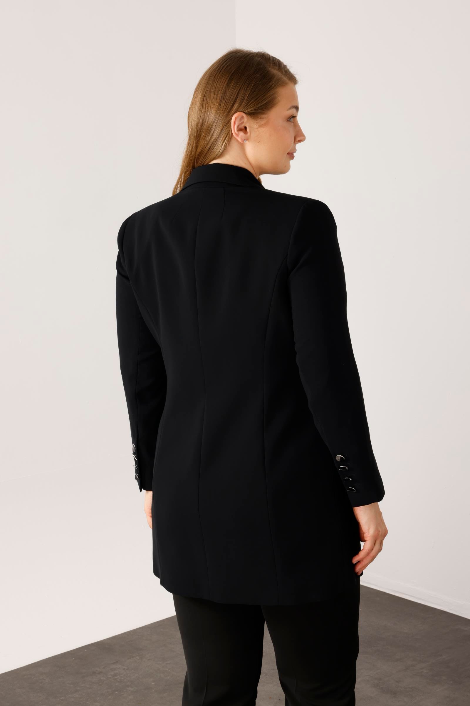 Modailgi  Mono Yaka Çift Düğme Uzun Ceket Siyah