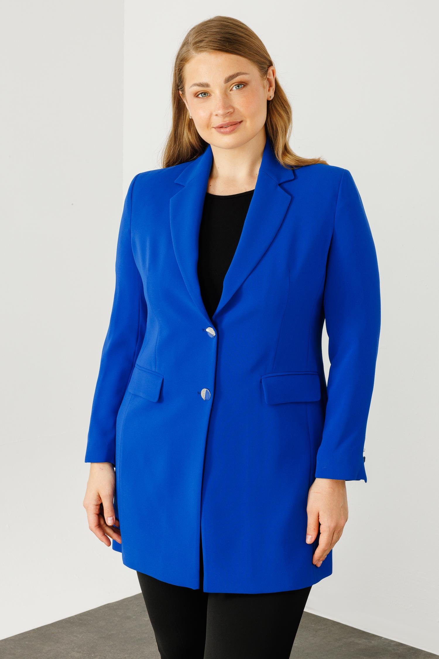 Modailgi  Mono Yaka Çift Düğme Uzun Ceket Saks