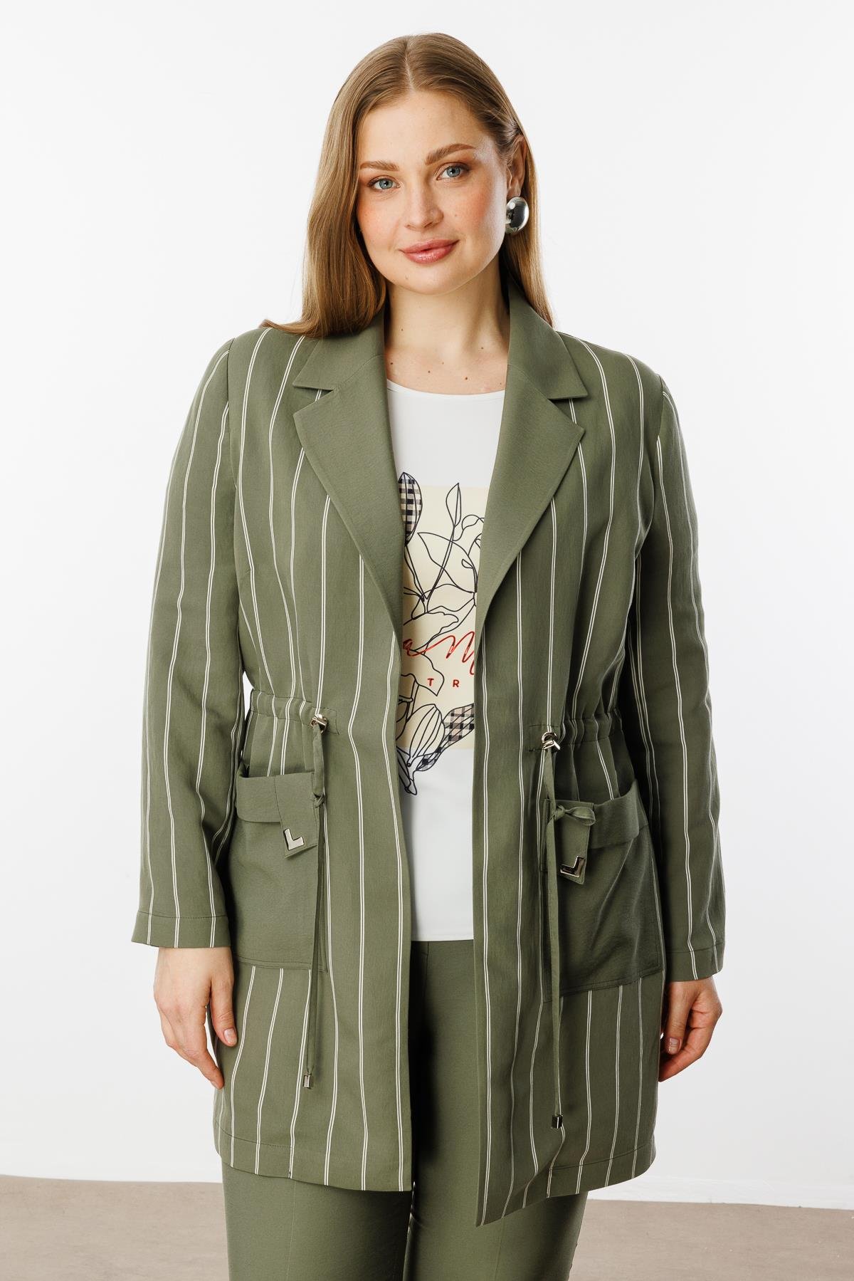 Modailgi  Mono Yaka Çizgili Tunik Haki