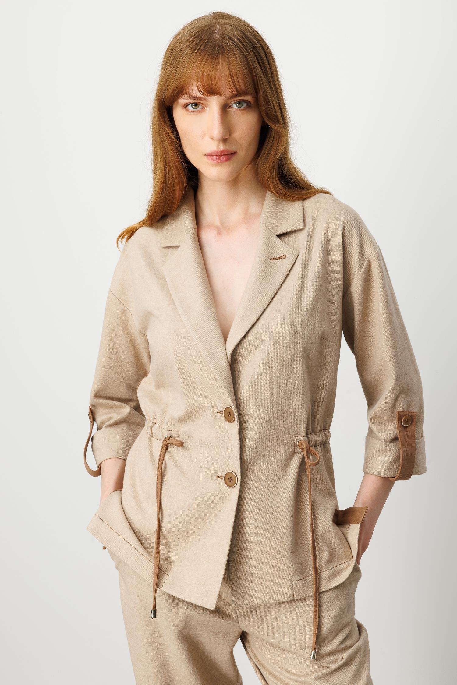 Modailgi  Mono Yaka Duble Kol Apoletli Kumaş Garni Detaylı Astarsız Ceket - 40047 Vizon