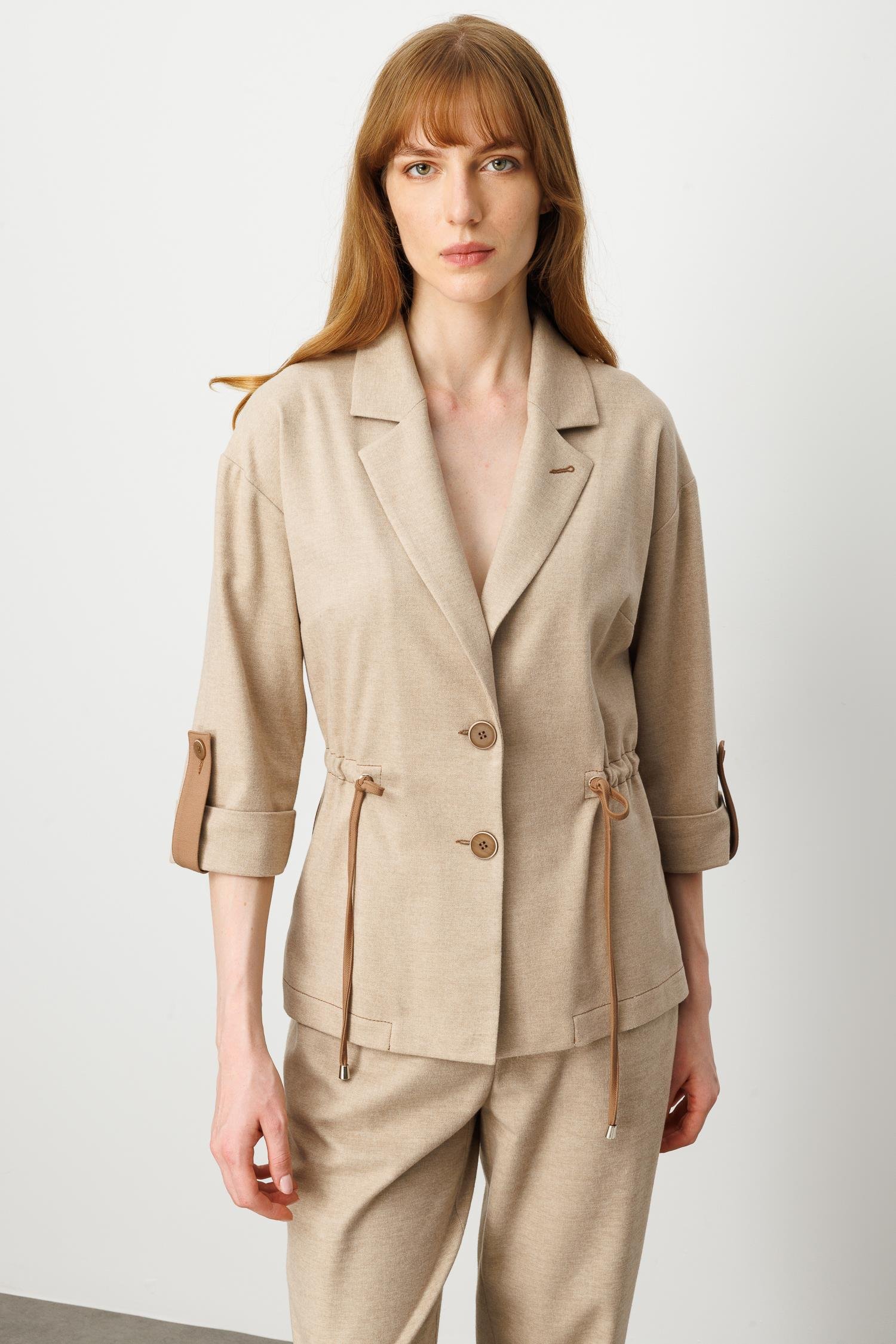 Modailgi  Mono Yaka Duble Kol Apoletli Kumaş Garni Detaylı Astarsız Ceket - 40047 Vizon