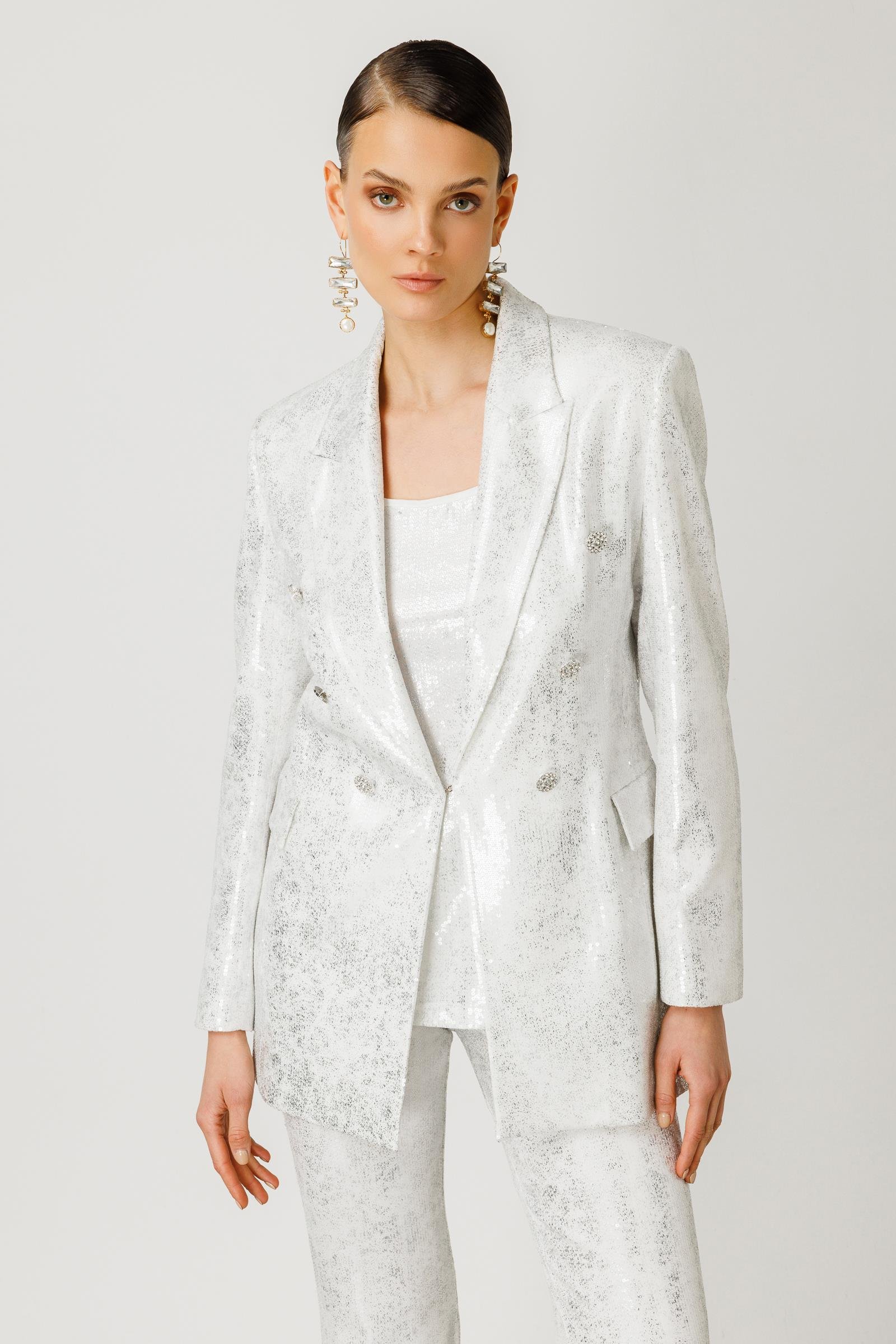 Modailgi  Mono Yaka Düğme Detaylı Payet Ceket Ekru