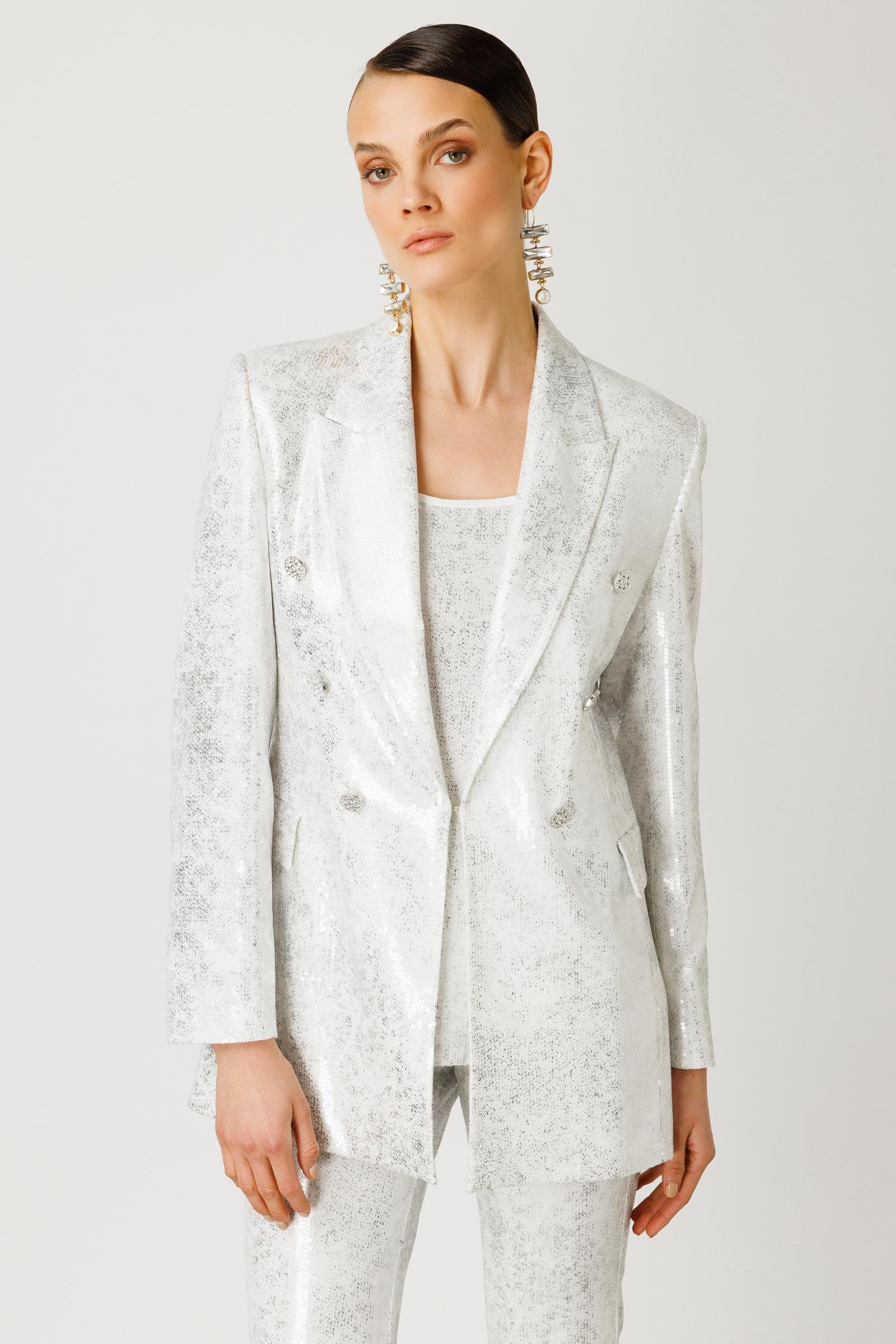 Modailgi  Mono Yaka Düğme Detaylı Payet Ceket Ekru