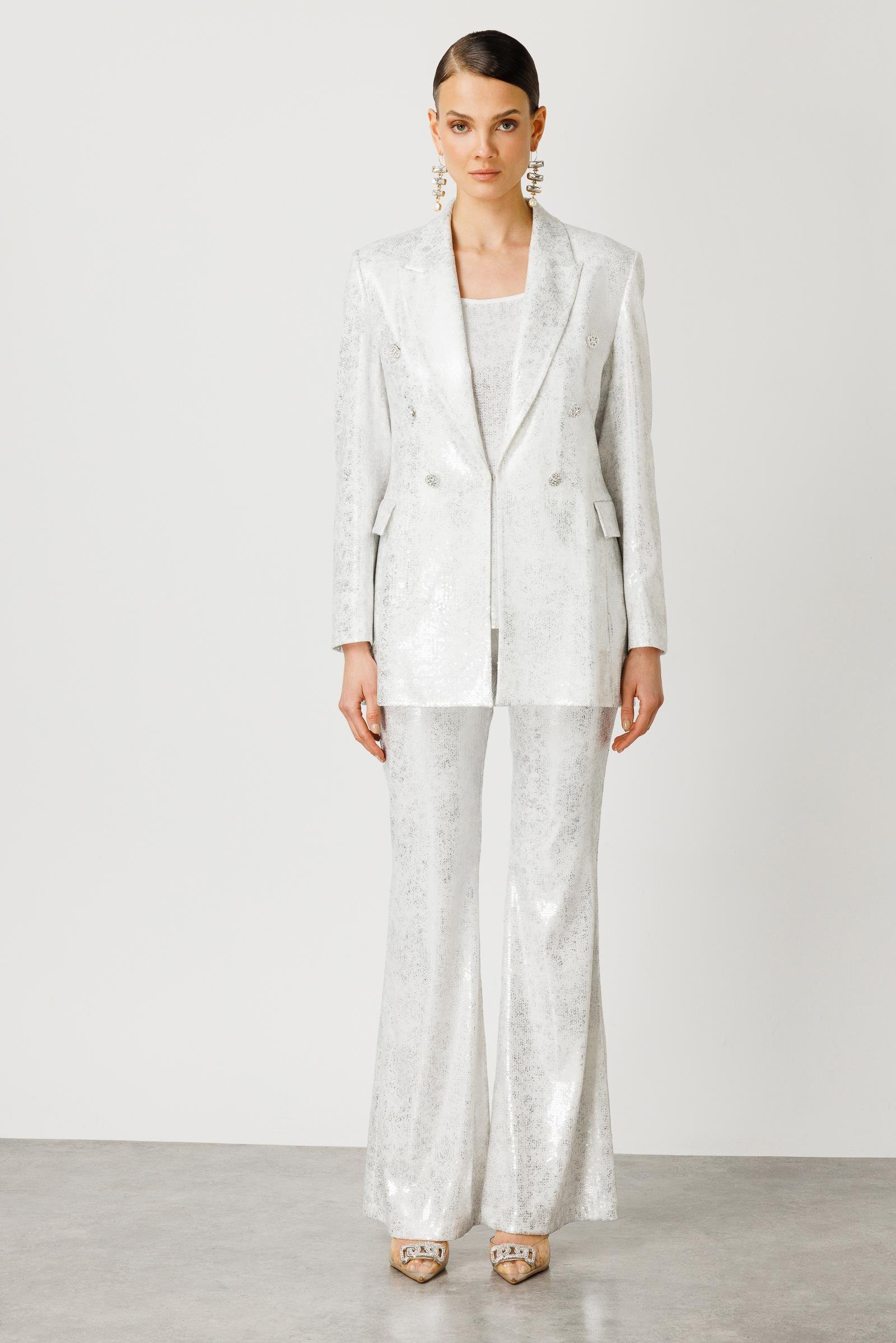 Modailgi  Mono Yaka Düğme Detaylı Payet Ceket Ekru