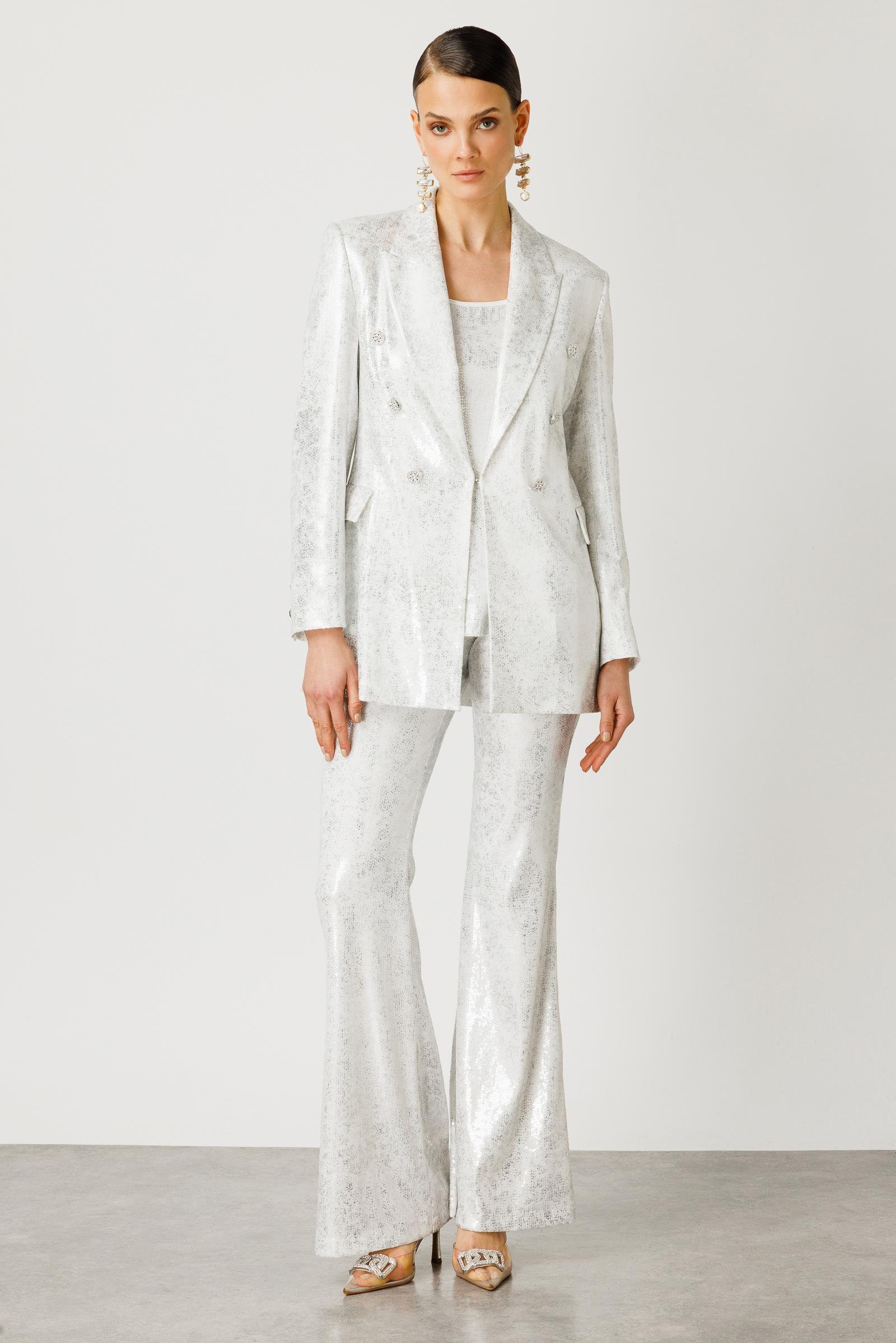 Modailgi  Mono Yaka Düğme Detaylı Payet Ceket Ekru