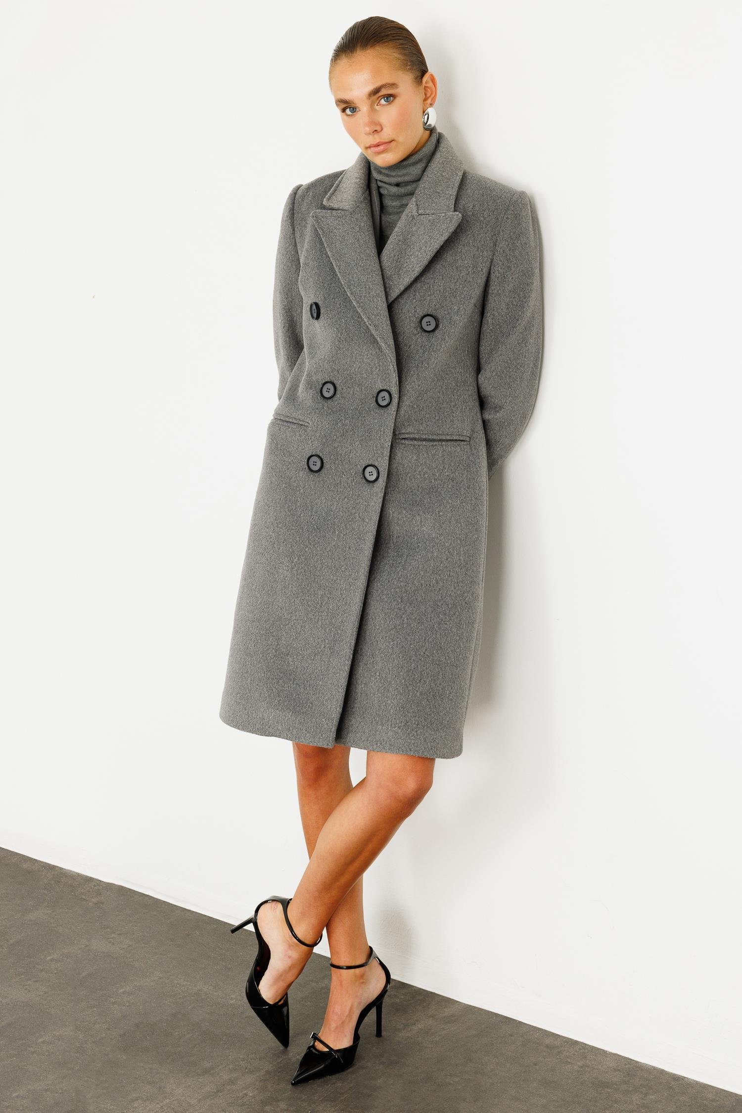 Modailgi  Mono Yaka Fleto Cepli Kruvaze Kaşe Kaban Gri