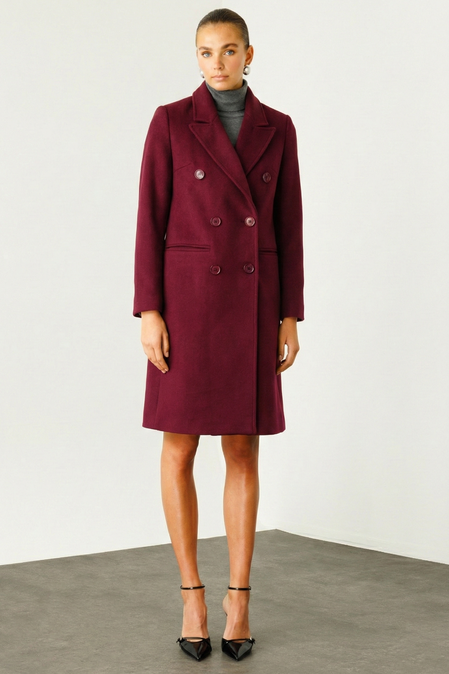 Modailgi  Mono Yaka Fleto Cepli Kruvaze Kaşe Kaban Bordo