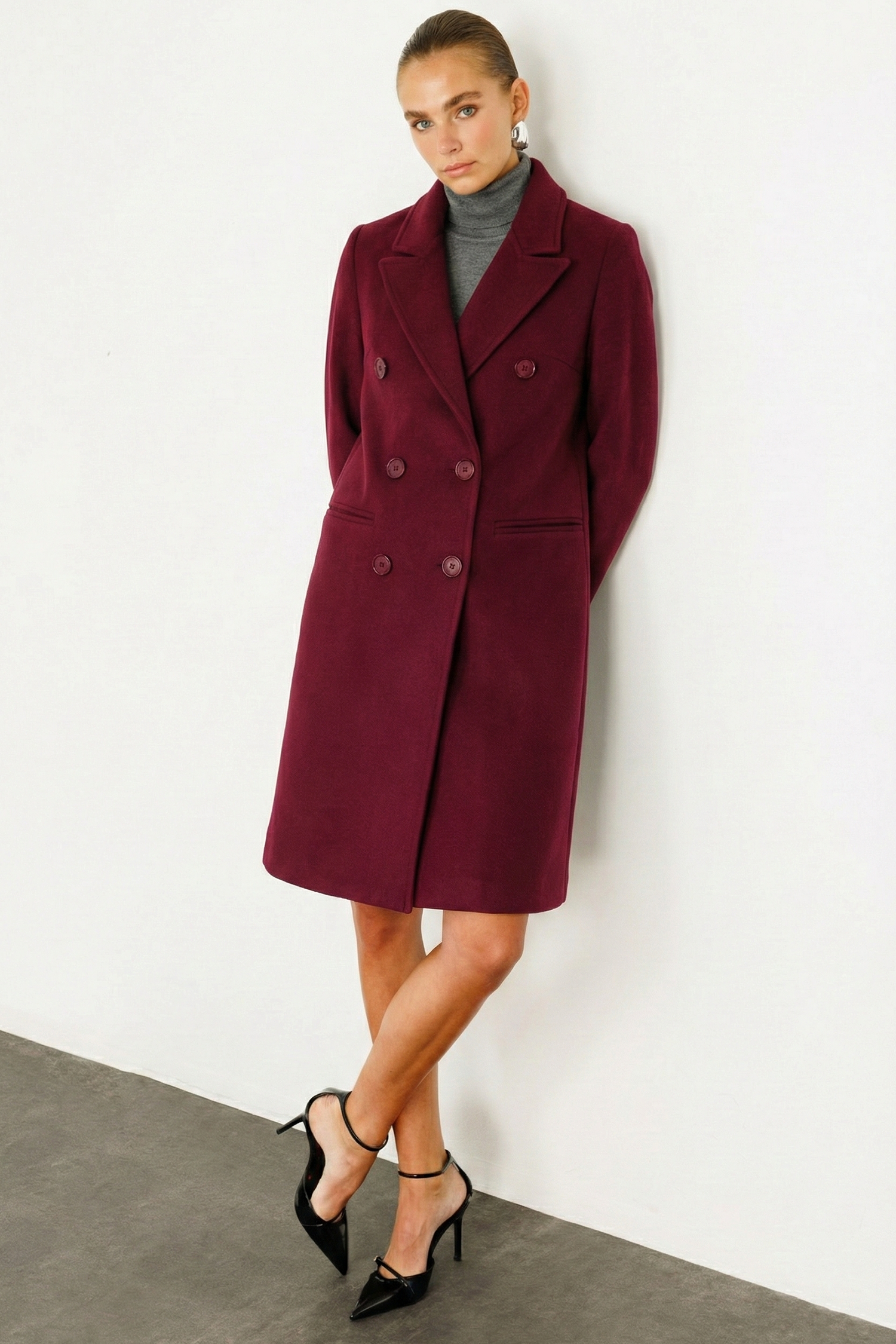 Modailgi  Mono Yaka Fleto Cepli Kruvaze Kaşe Kaban Bordo