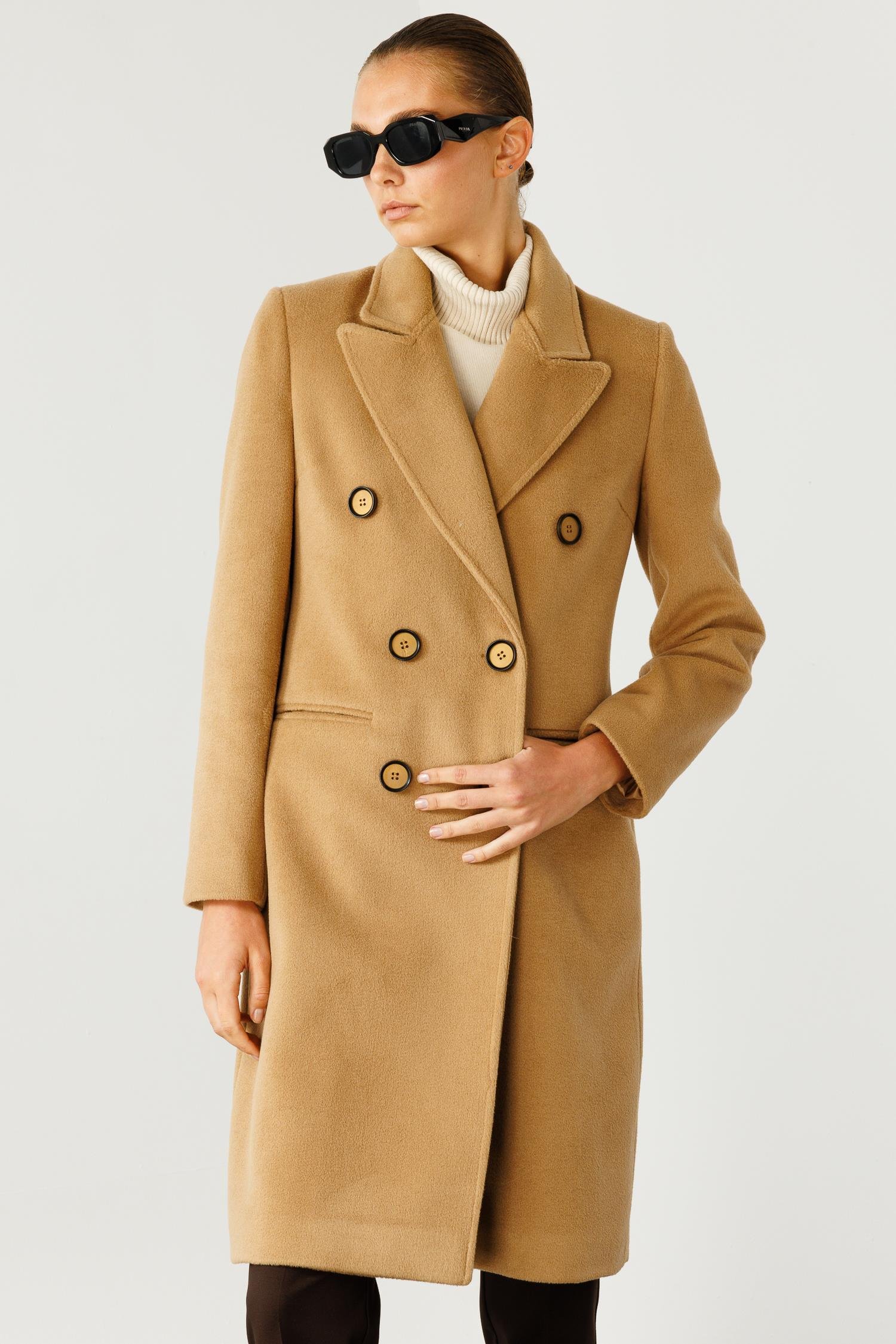 Modailgi  Mono Yaka Fleto Cepli Kruvaze Kaşe Kaban Camel