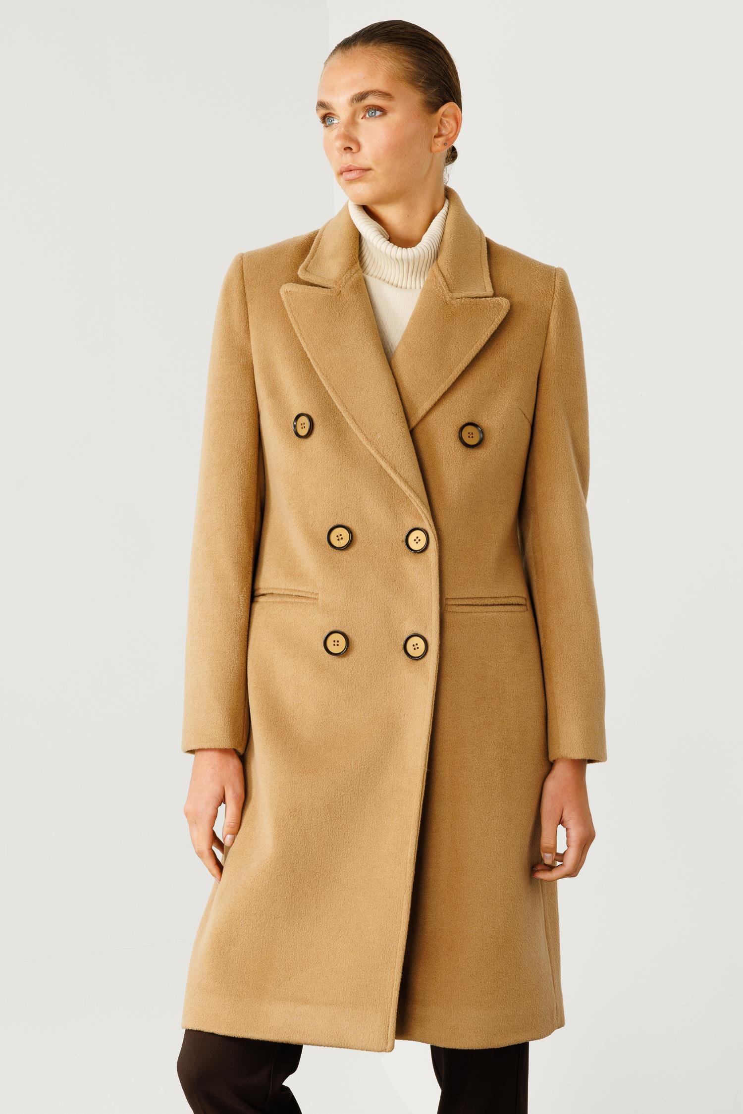 Modailgi  Mono Yaka Fleto Cepli Kruvaze Kaşe Kaban Camel