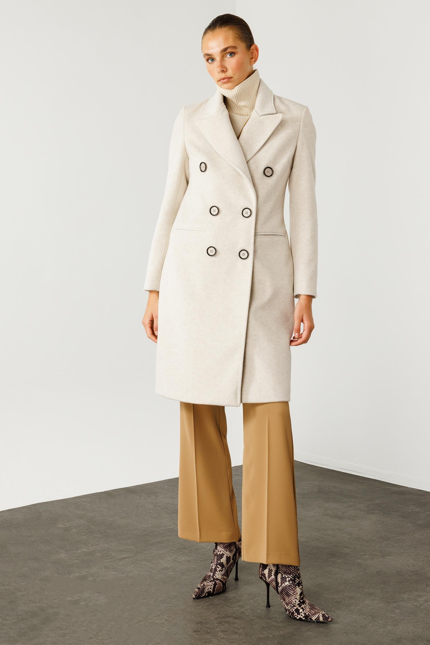 Modailgi  Mono Yaka Fleto Cepli Kruvaze Kaşe Kaban Kemik