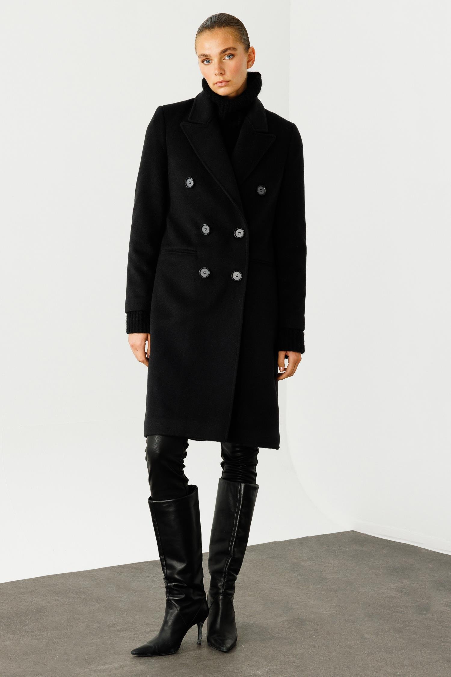 Modailgi  Mono Yaka Fleto Cepli Kruvaze Kaşe Kaban Siyah