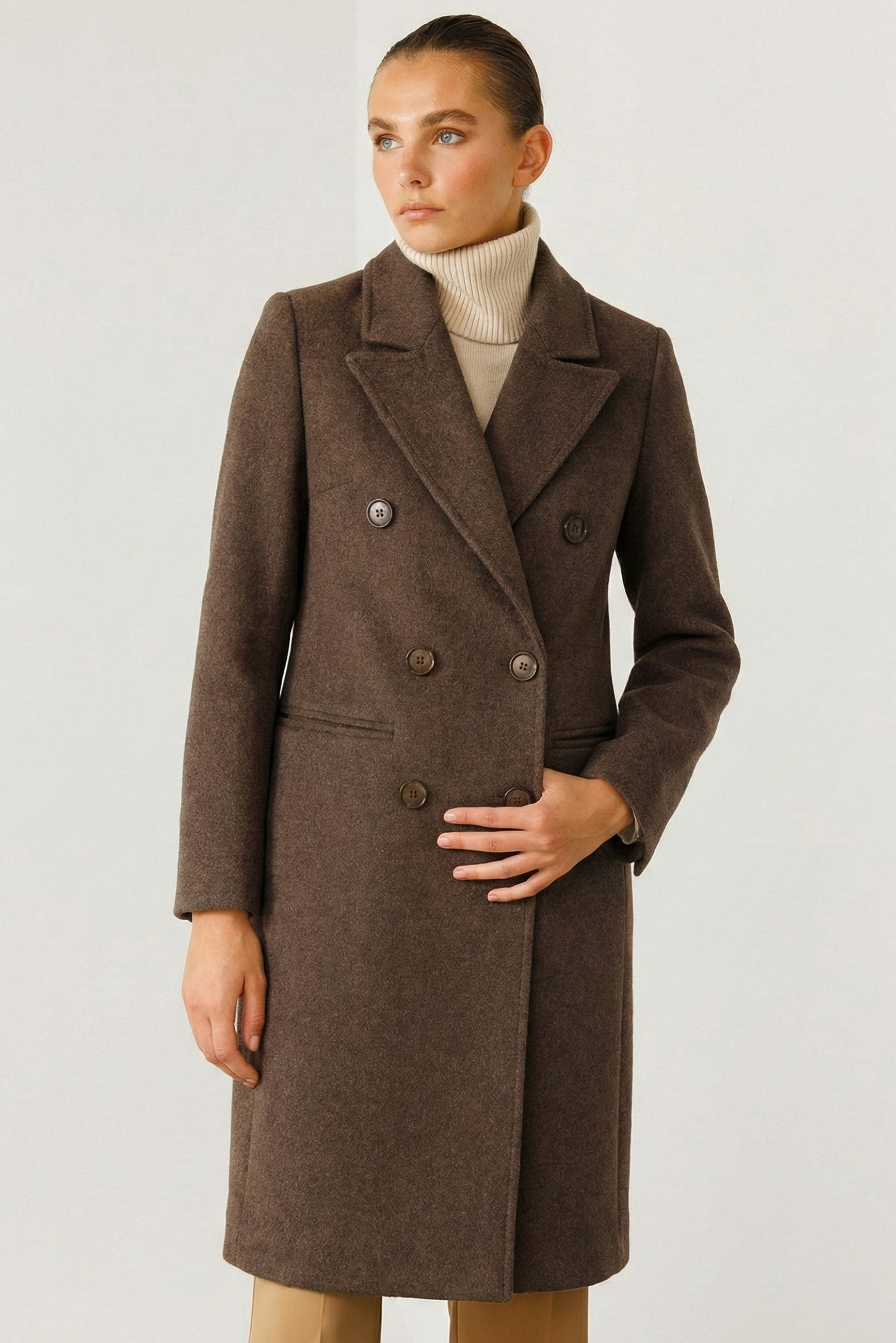 Modailgi  Mono Yaka Fleto Cepli Kruvaze Kaşe Kaban Kahve