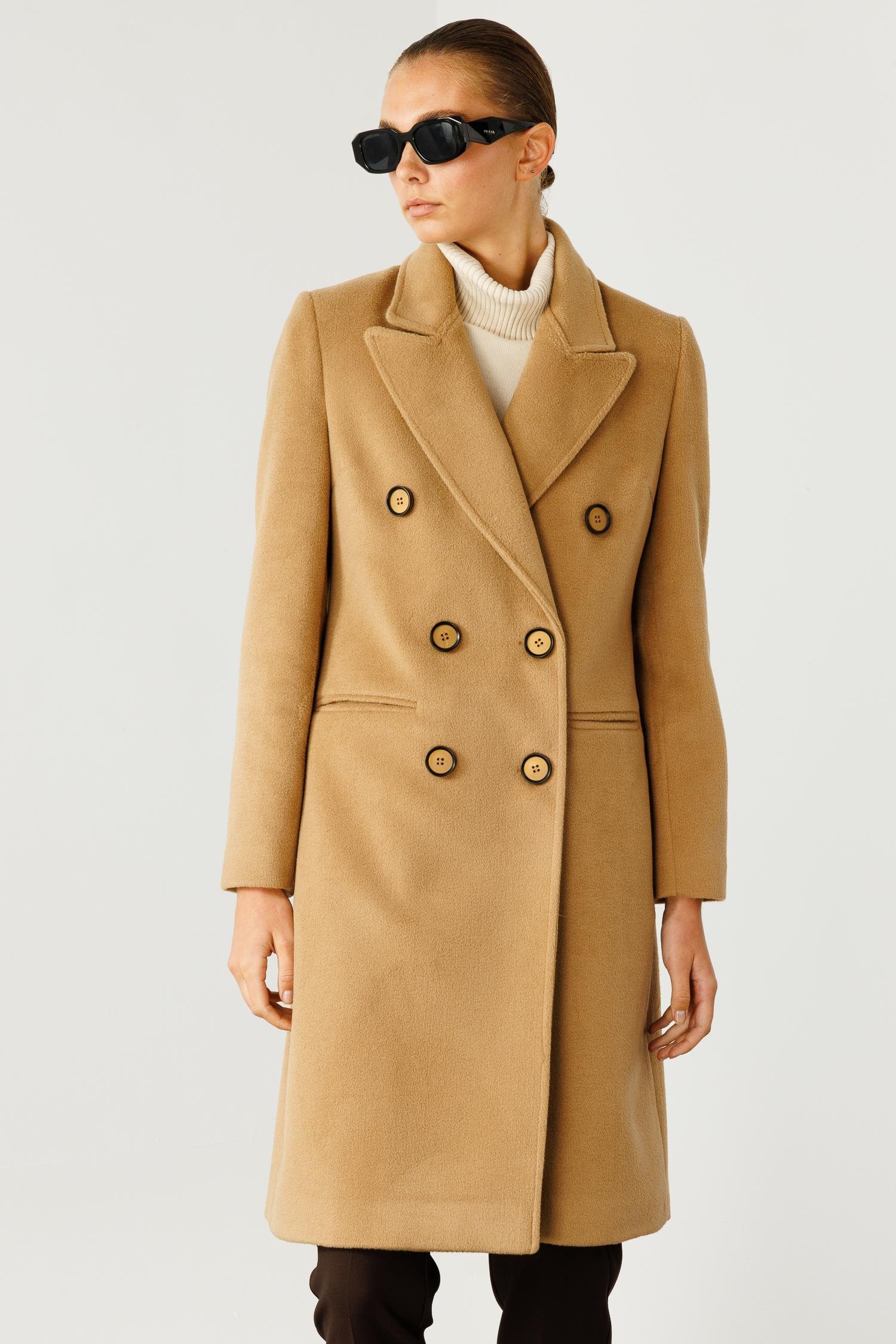 Modailgi  Mono Yaka Fleto Cepli Kruvaze Kaşe Kaban Camel