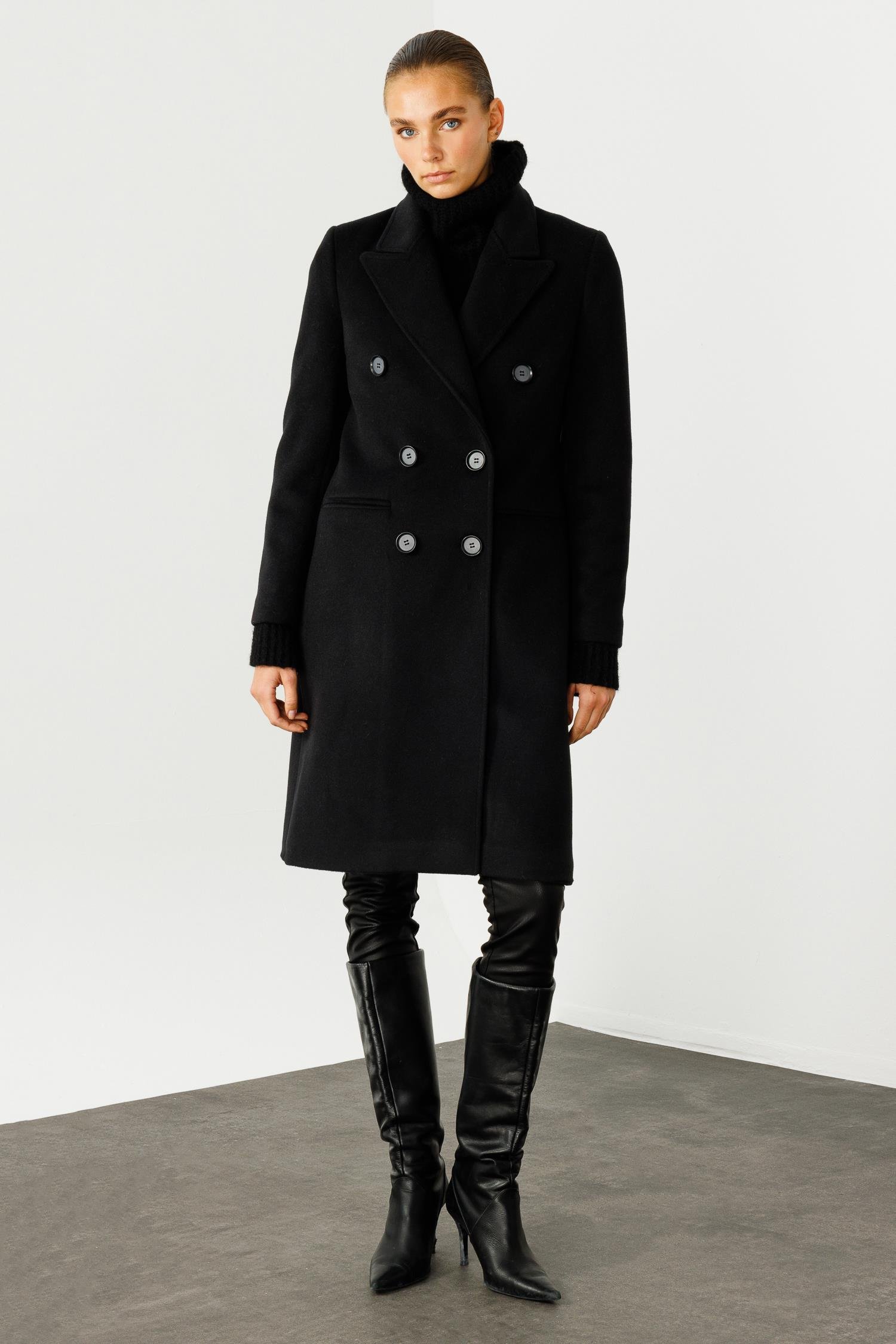 Modailgi  Mono Yaka Fleto Cepli Kruvaze Kaşe Kaban Siyah