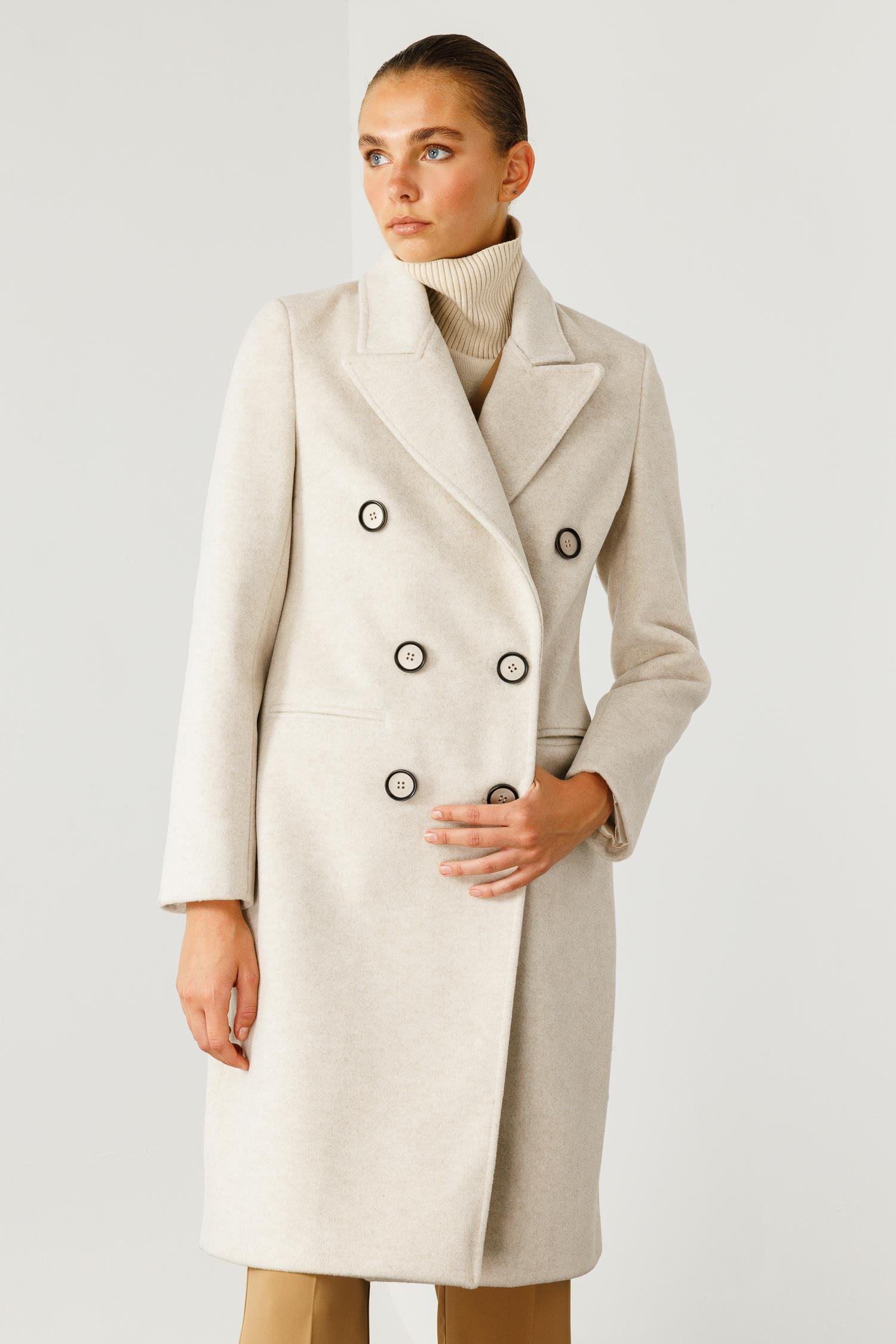 Modailgi  Mono Yaka Fleto Cepli Kruvaze Kaşe Kaban Kemik