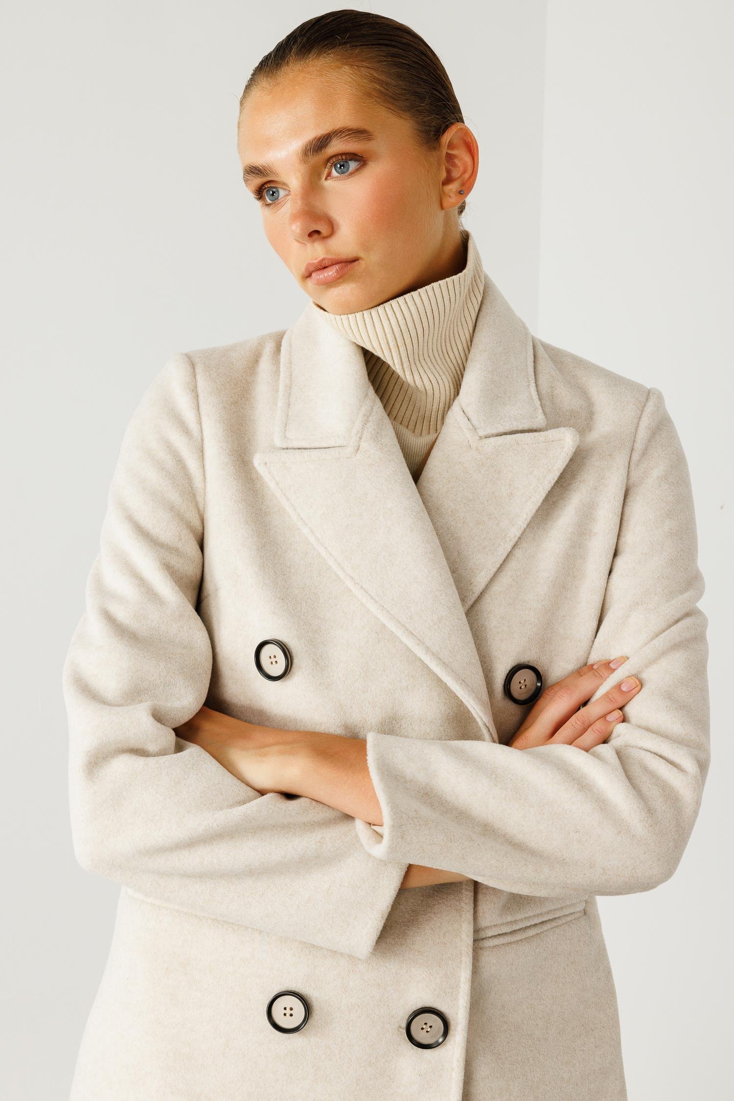 Modailgi  Mono Yaka Fleto Cepli Kruvaze Kaşe Kaban Kemik