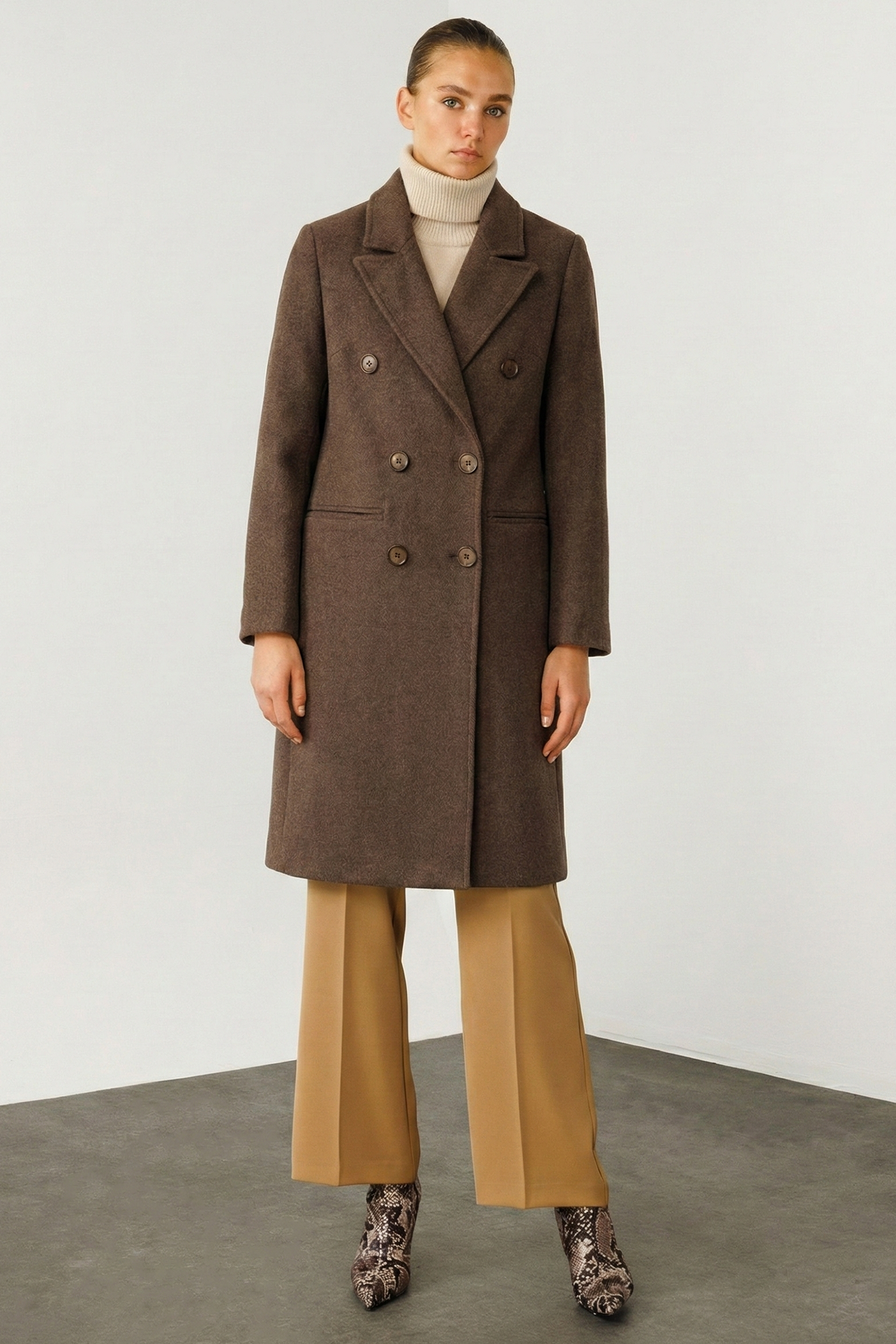 Modailgi  Mono Yaka Fleto Cepli Kruvaze Kaşe Kaban Kahve