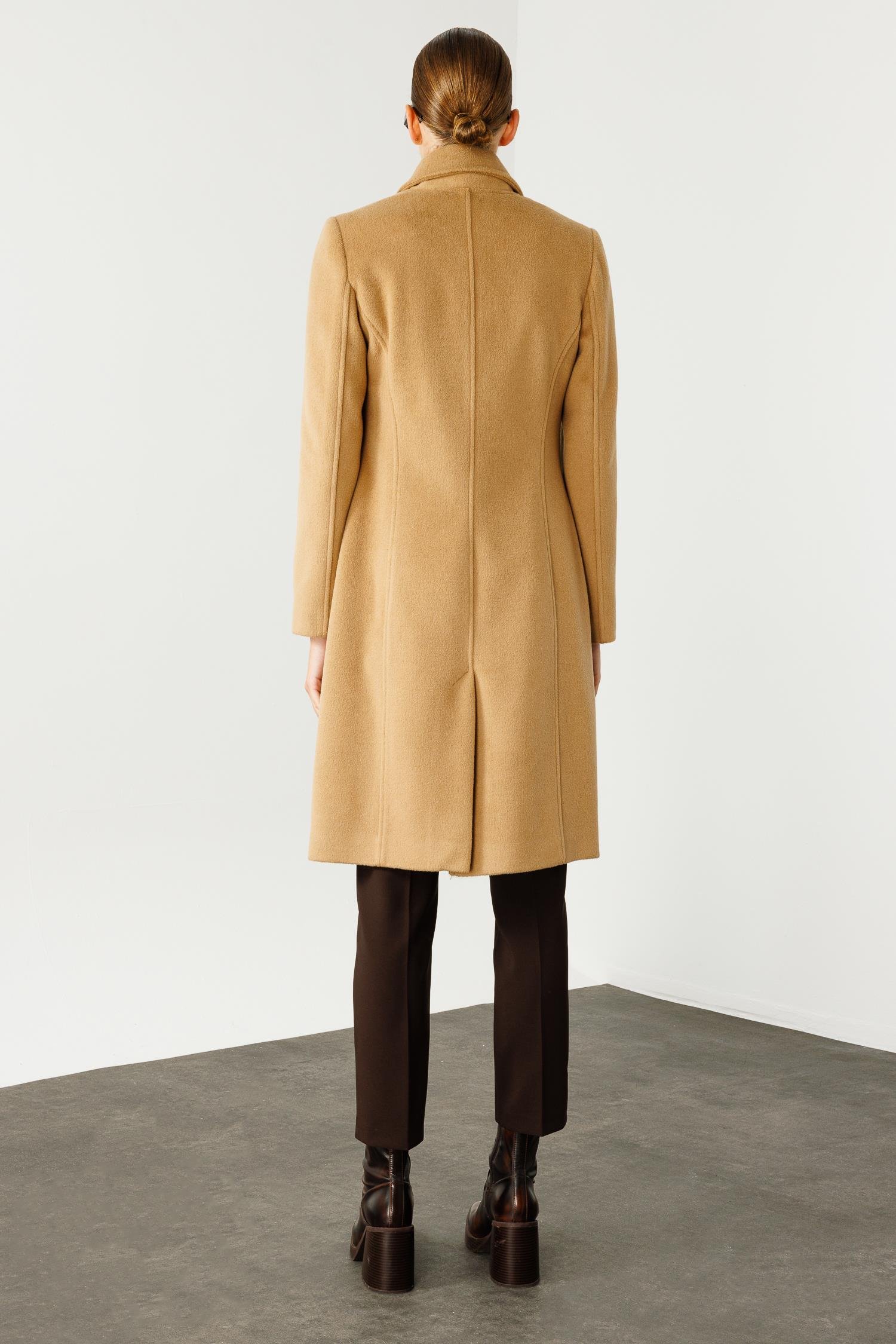 Modailgi  Mono Yaka Fleto Cepli Kruvaze Kaşe Kaban Camel