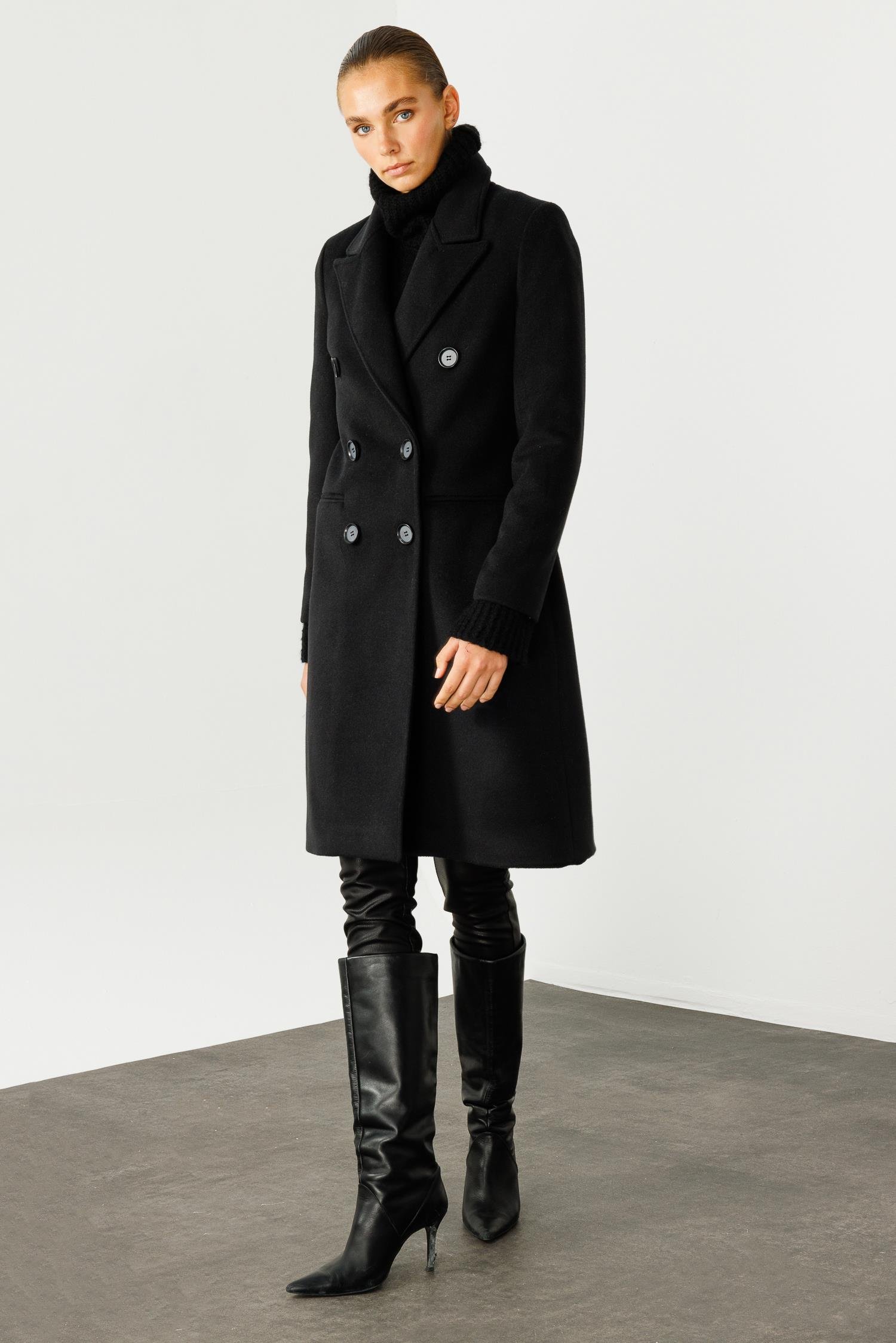 Modailgi  Mono Yaka Fleto Cepli Kruvaze Kaşe Kaban Siyah