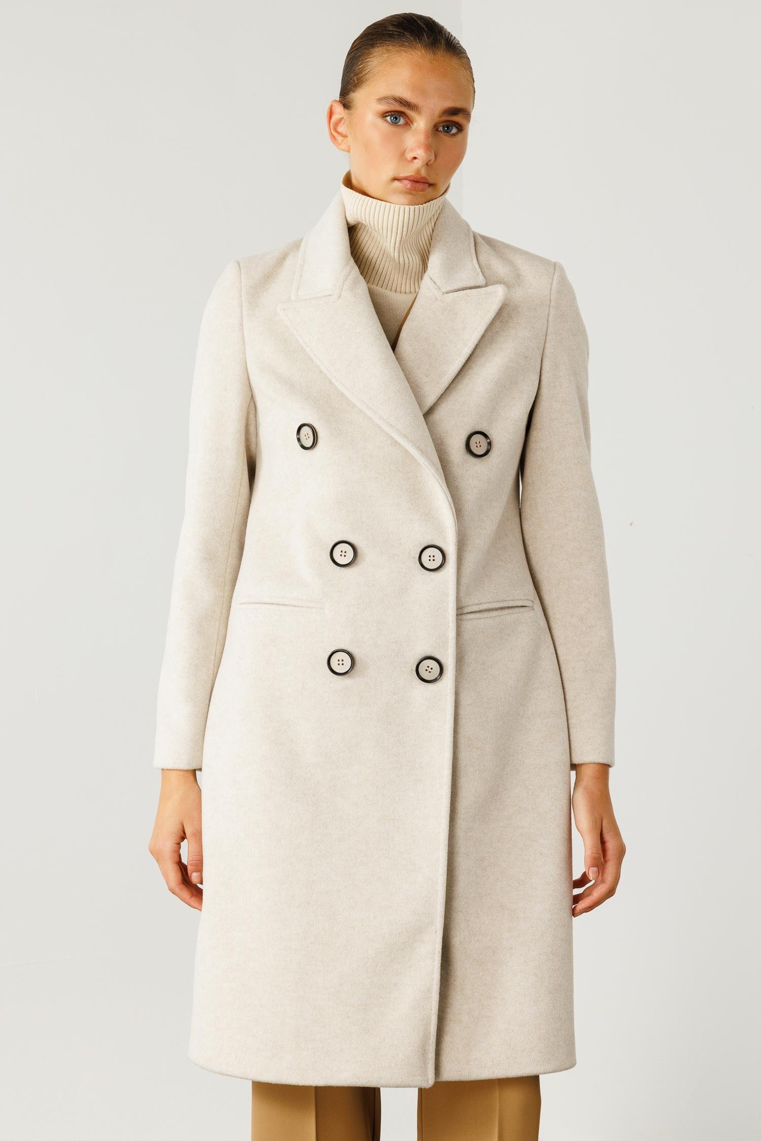 Modailgi  Mono Yaka Fleto Cepli Kruvaze Kaşe Kaban Kemik