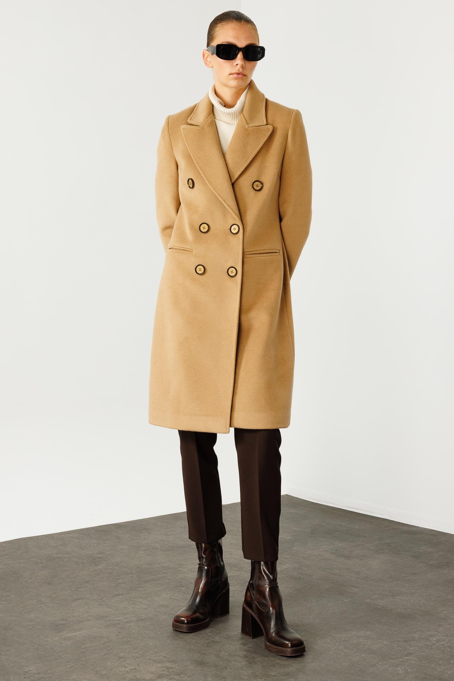 Modailgi  Mono Yaka Fleto Cepli Kruvaze Kaşe Kaban Camel