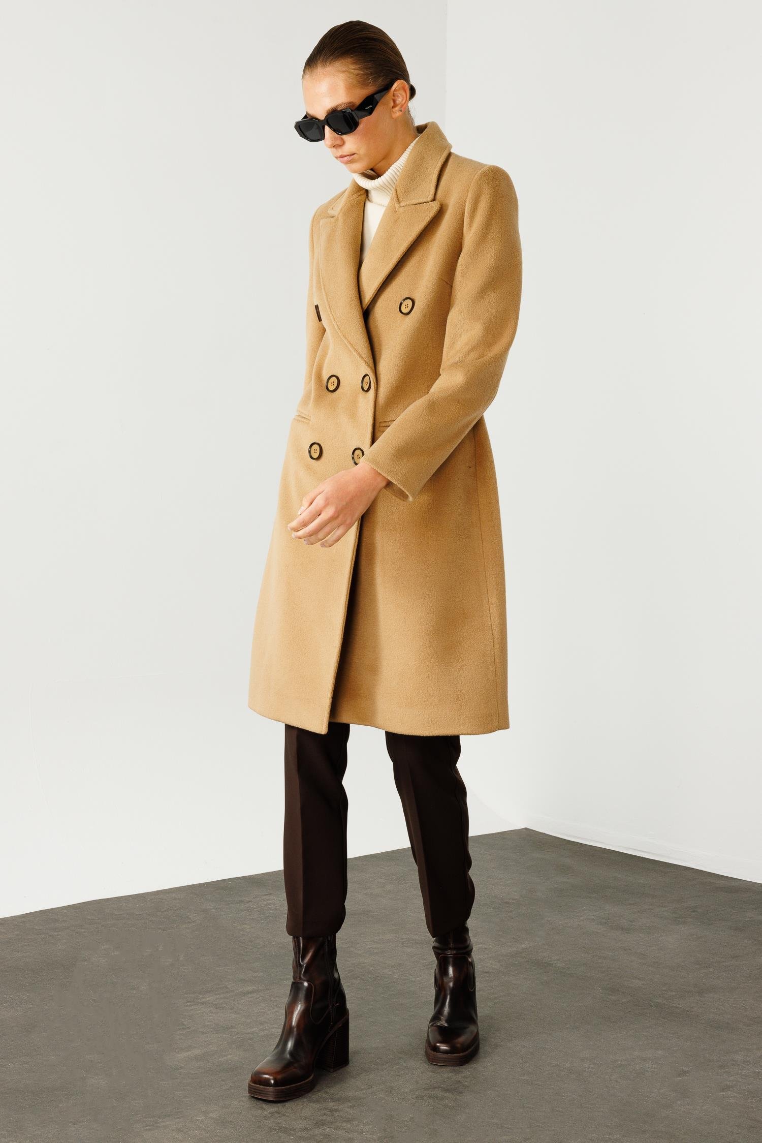 Modailgi  Mono Yaka Fleto Cepli Kruvaze Kaşe Kaban Camel