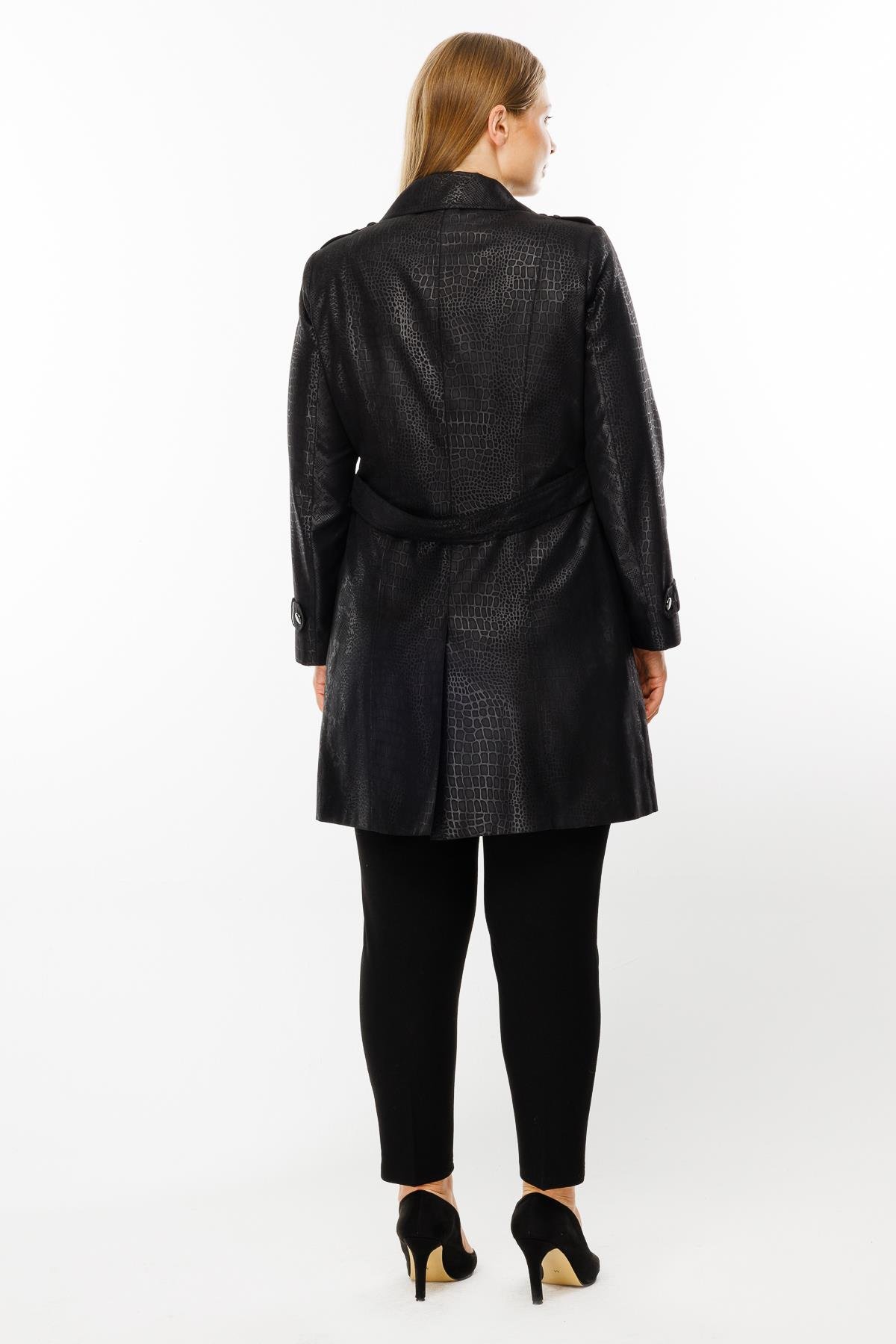 Modailgi  Mono Yaka Krokodil Desen Trenç Siyah