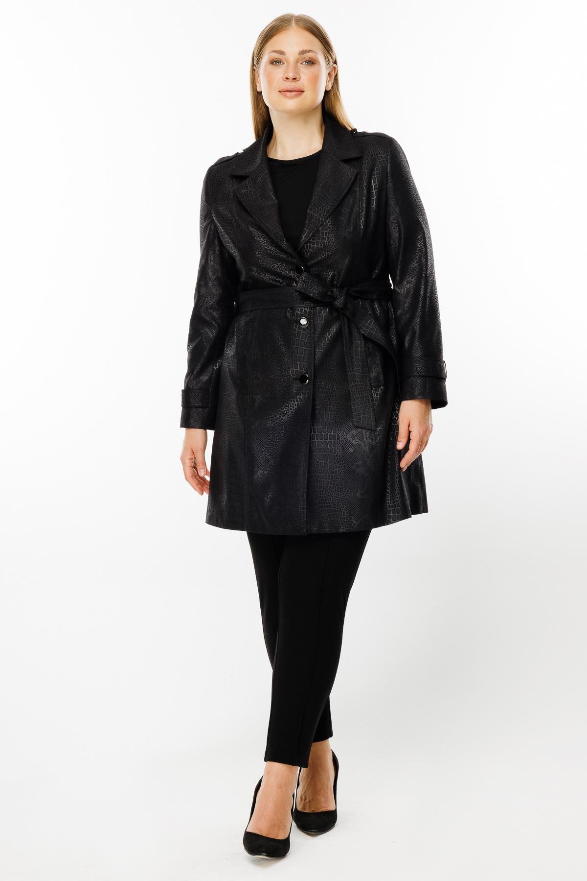 Modailgi  Mono Yaka Krokodil Desen Trenç Siyah