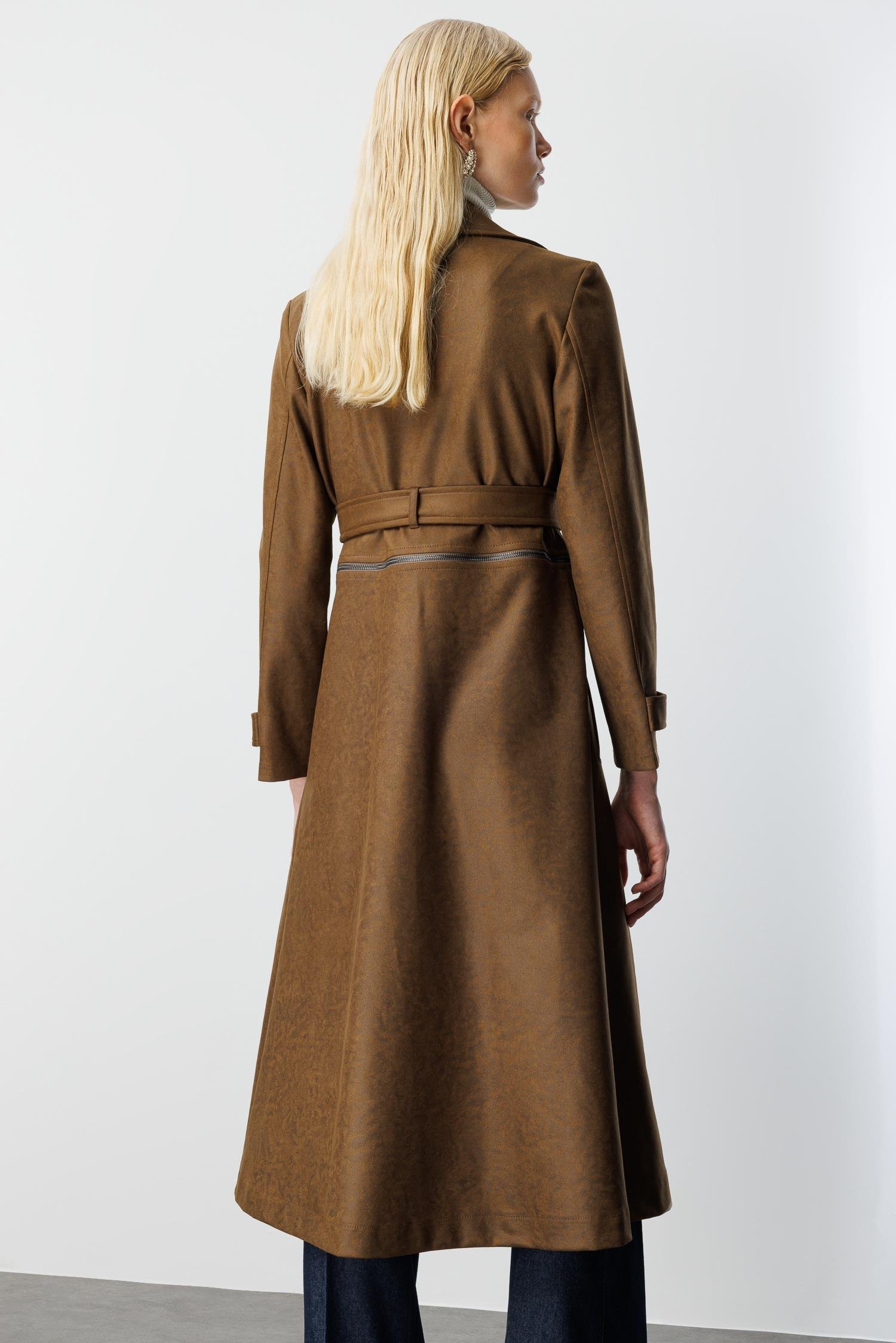 Modailgi  Mono Yaka Kuşaklı Koları Apoletli Belde Açılır Kapanır Çift Taraflı Fermuar Detaylı Astarsız Trençkot Haki