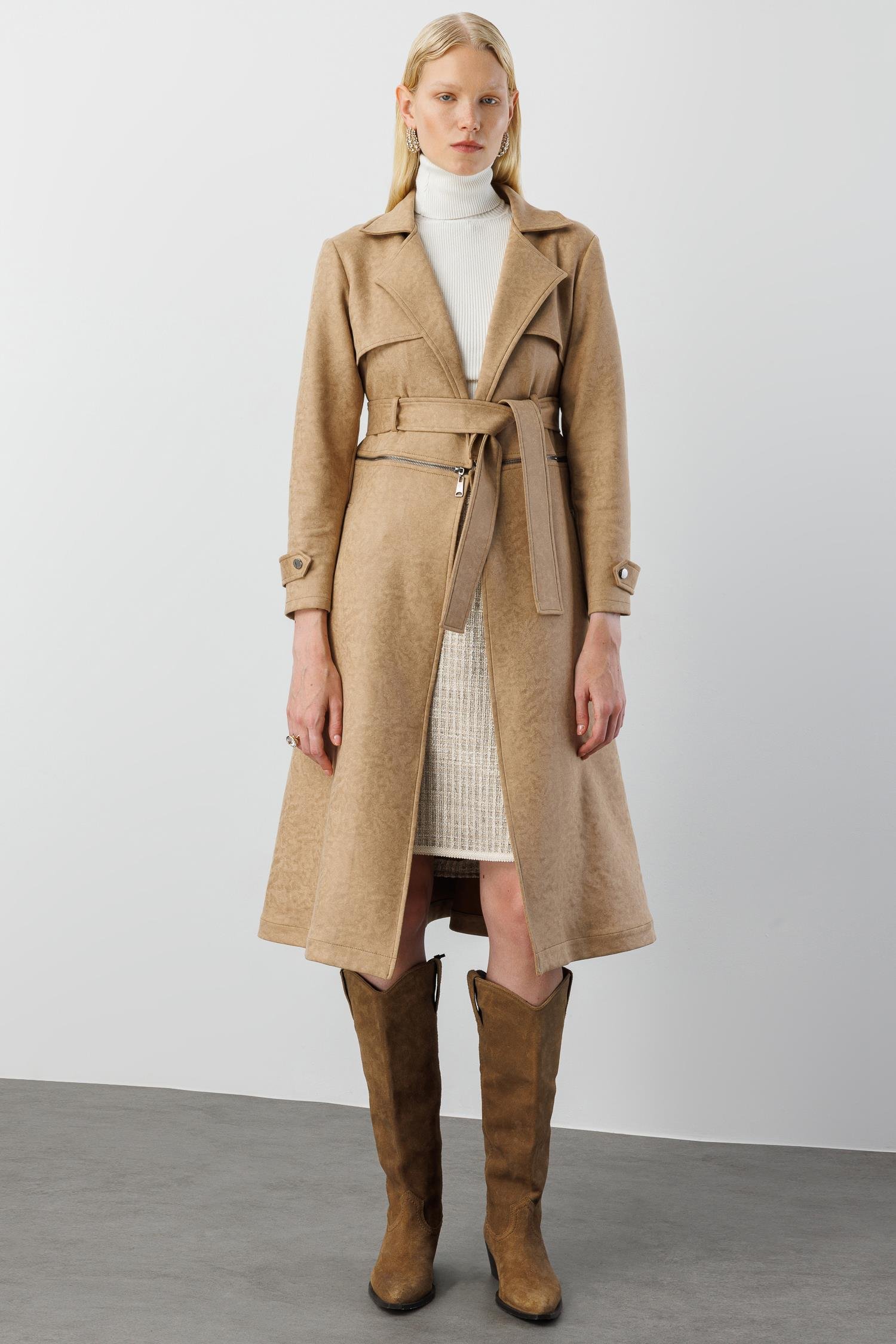 Modailgi  Mono Yaka Kuşaklı Koları Apoletli Belde Açılır Kapanır Çift Taraflı Fermuar Detaylı Astarsız Trençkot Vizon