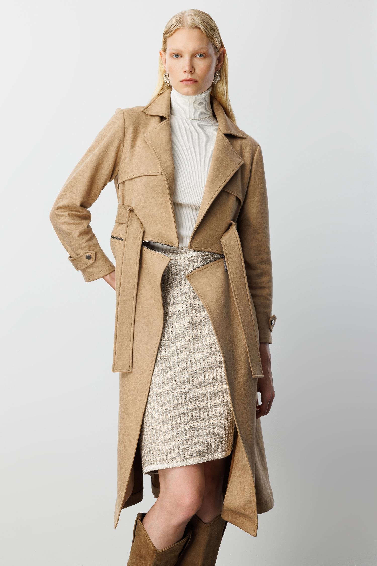 Modailgi  Mono Yaka Kuşaklı Koları Apoletli Belde Açılır Kapanır Çift Taraflı Fermuar Detaylı Astarsız Trençkot Vizon