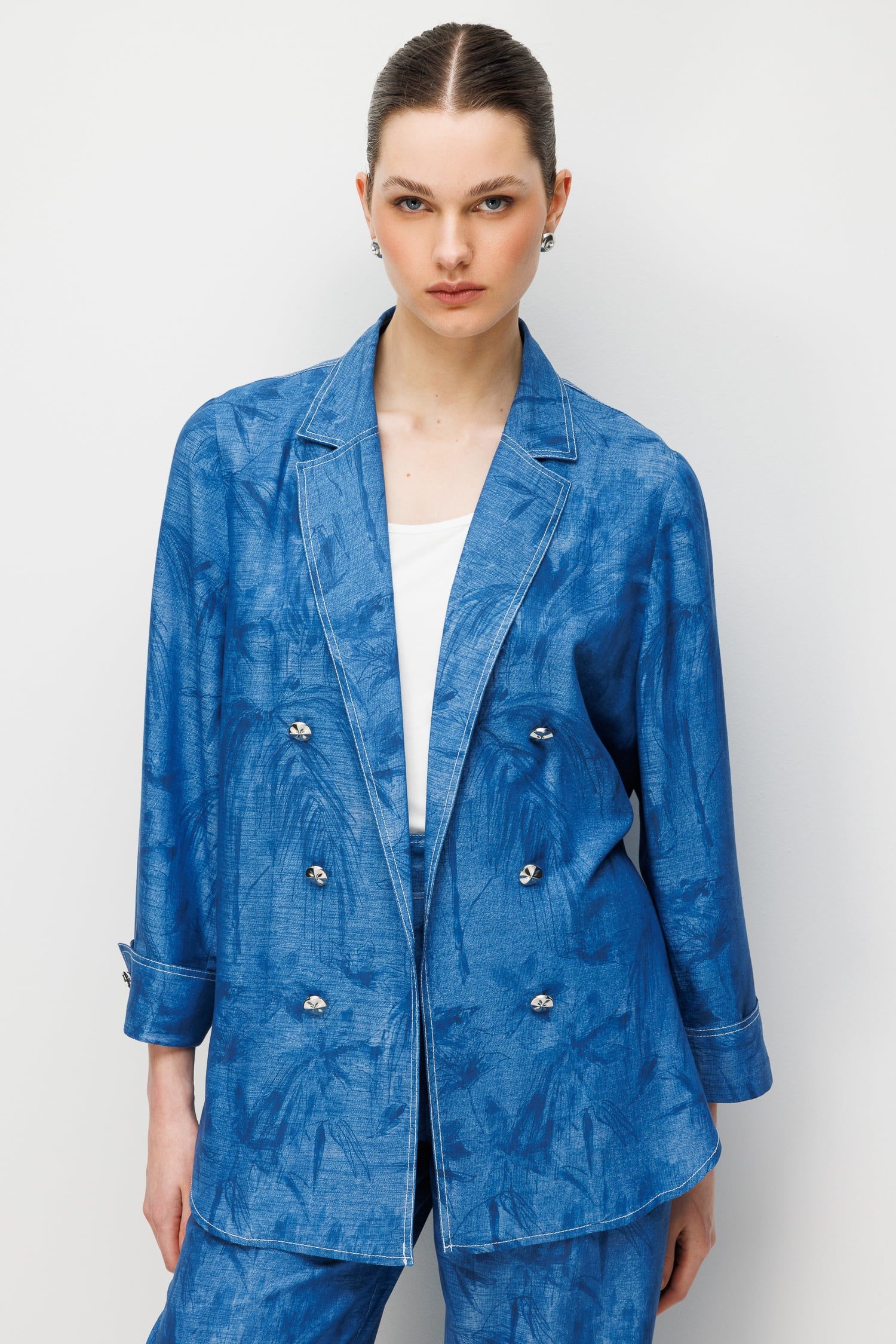 Modailgi  Mono Yaka Oversize Desenli Astarsız Tunik İndigo