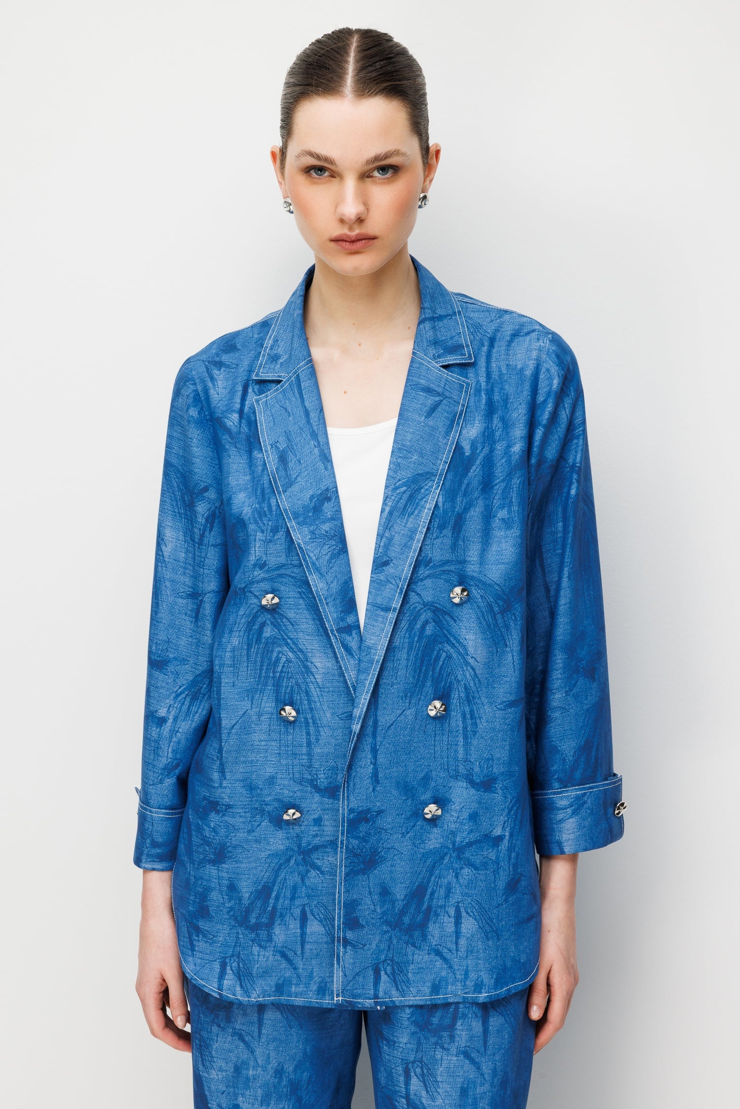 Modailgi  Mono Yaka Oversize Desenli Astarsız Tunik İndigo