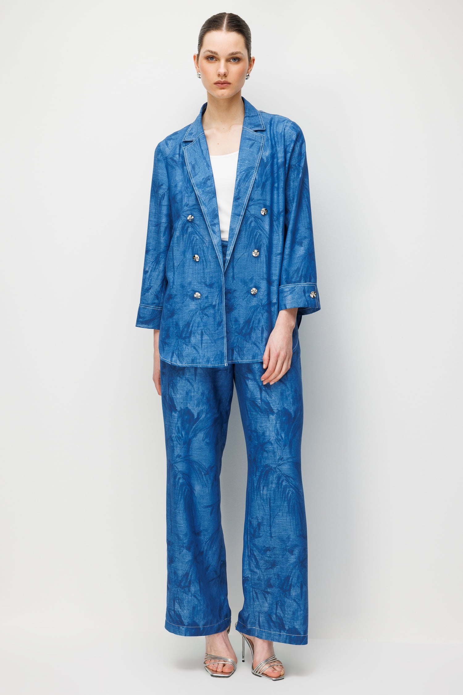 Modailgi  Mono Yaka Oversize Desenli Astarsız Tunik İndigo