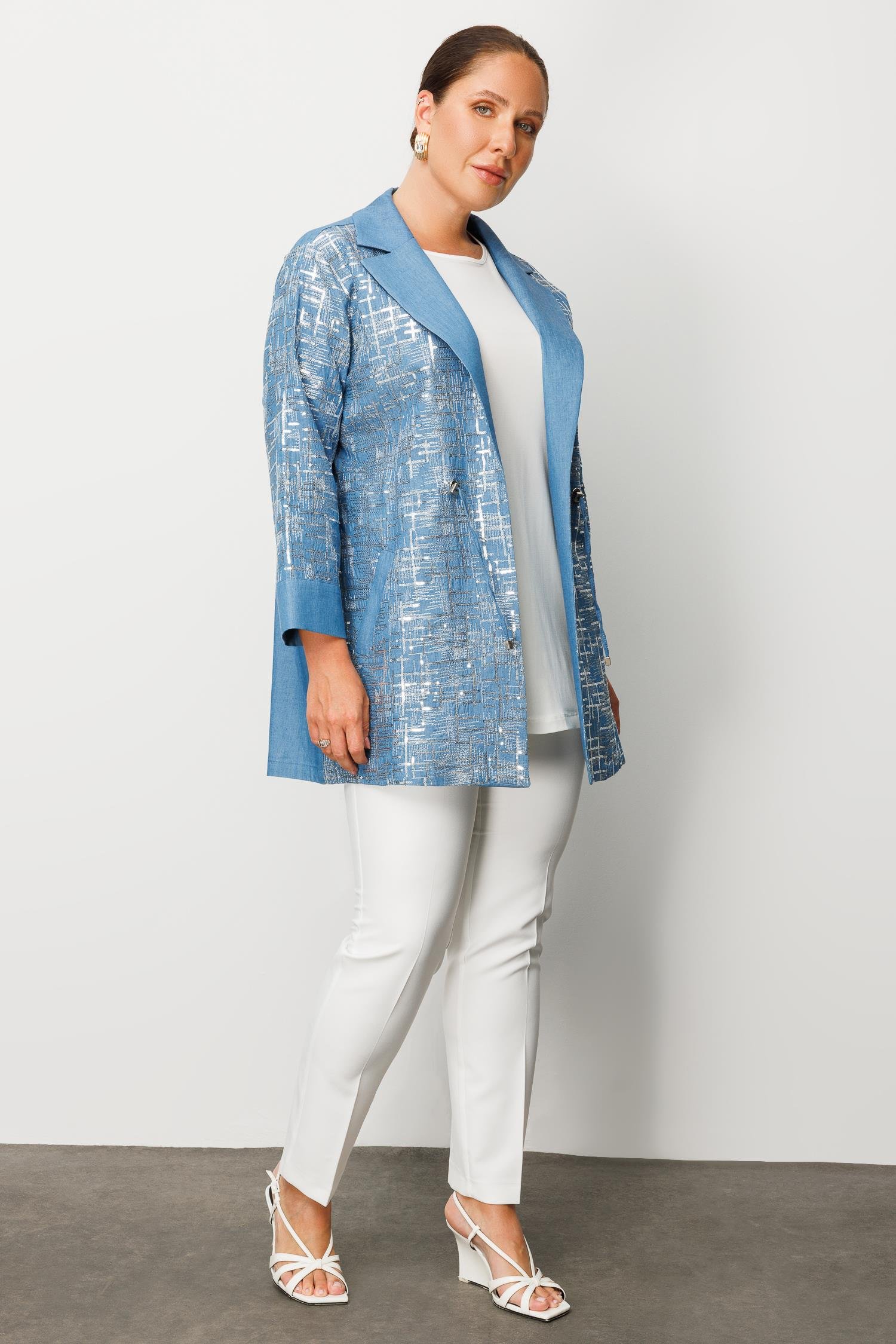 Modailgi  Mono Yaka Pullu Beli Büzgülü İkili Tencel Takım İndigo