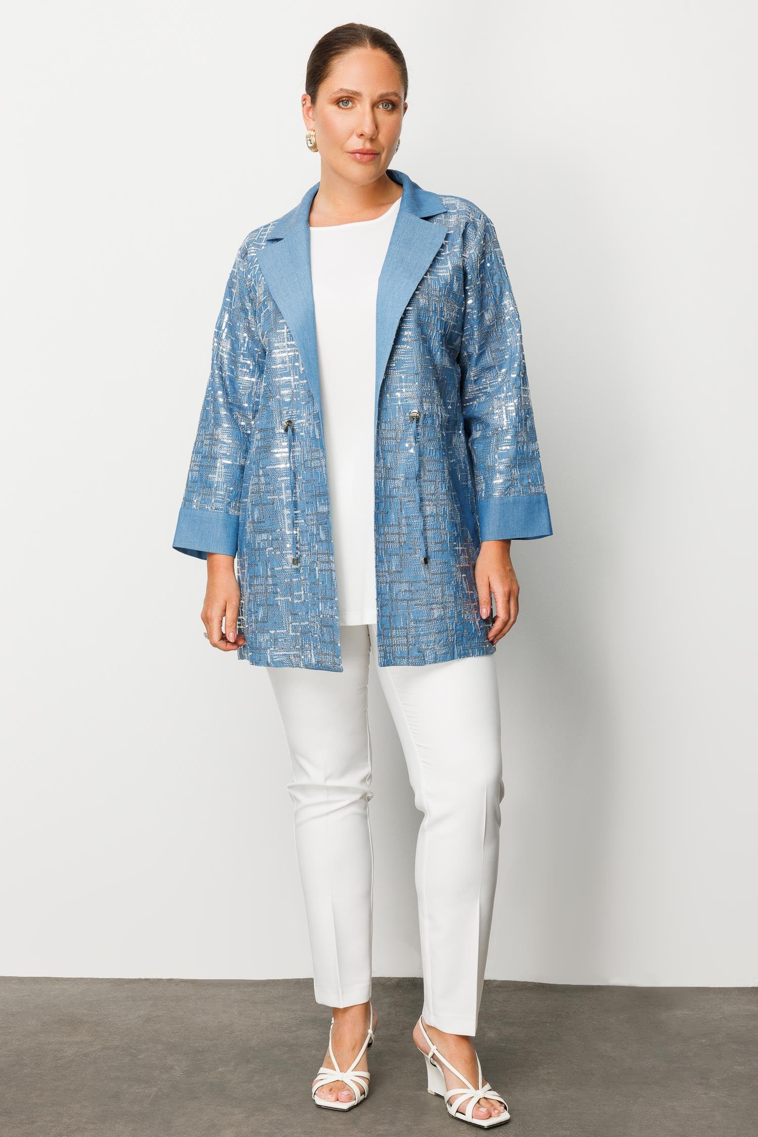 Modailgi  Mono Yaka Pullu Beli Büzgülü İkili Tencel Takım İndigo