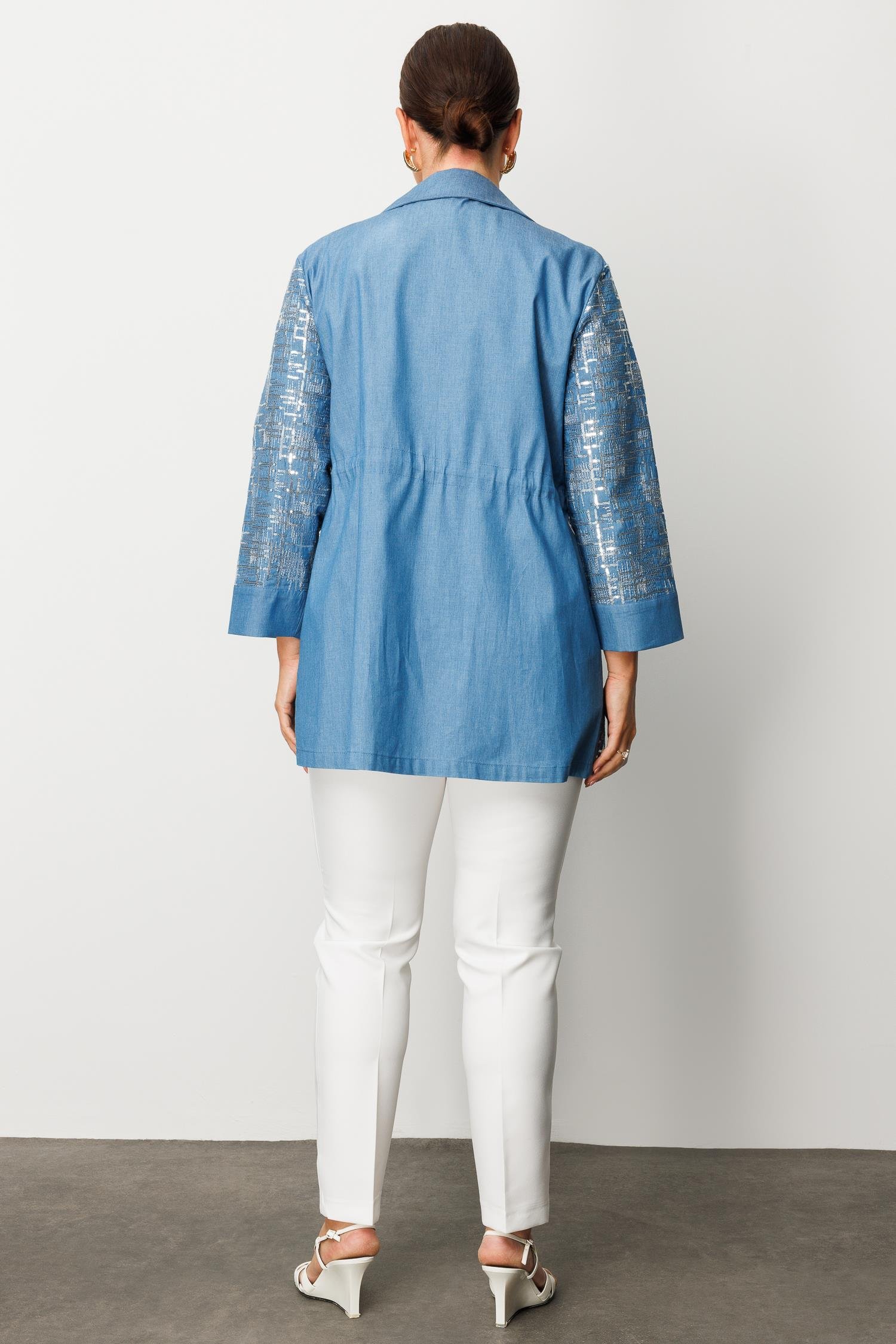 Modailgi  Mono Yaka Pullu Beli Büzgülü İkili Tencel Takım İndigo